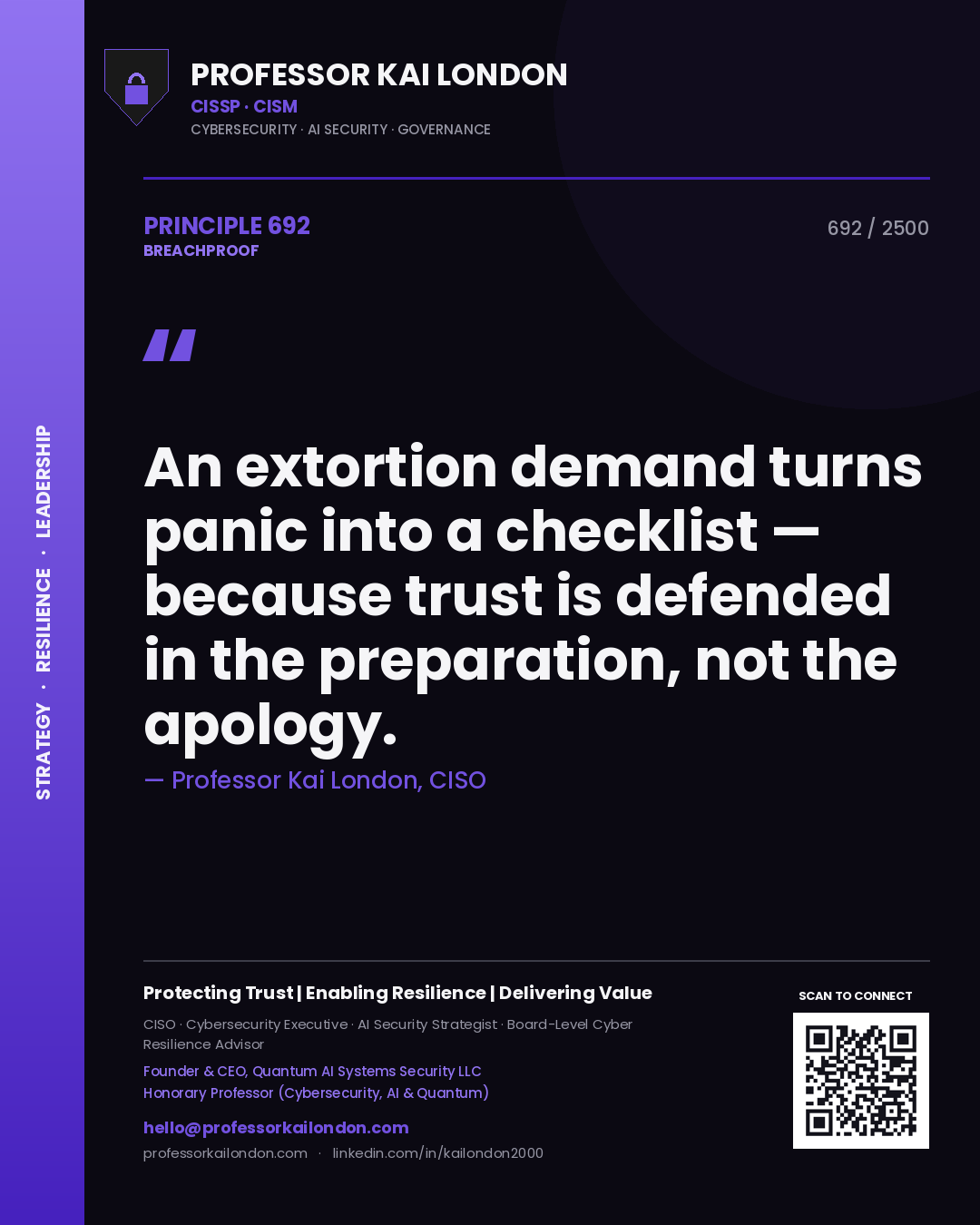 Quote card by Professor Kai London reading 'An extortion demand turns panic into a checklist — because trust is defended in the preparation, not the apology.'. From the book Breachproof.