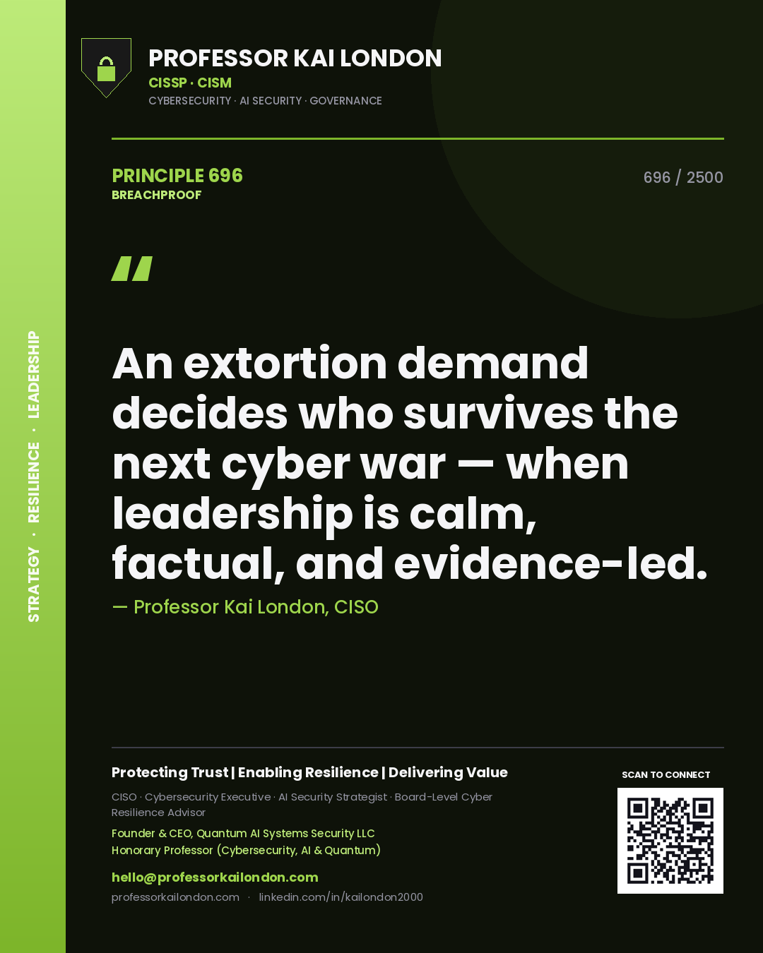 Quote card by Professor Kai London reading 'An extortion demand decides who survives the next cyber war — when leadership is calm, factual, and evidence-led.'. From the book Breachproof.