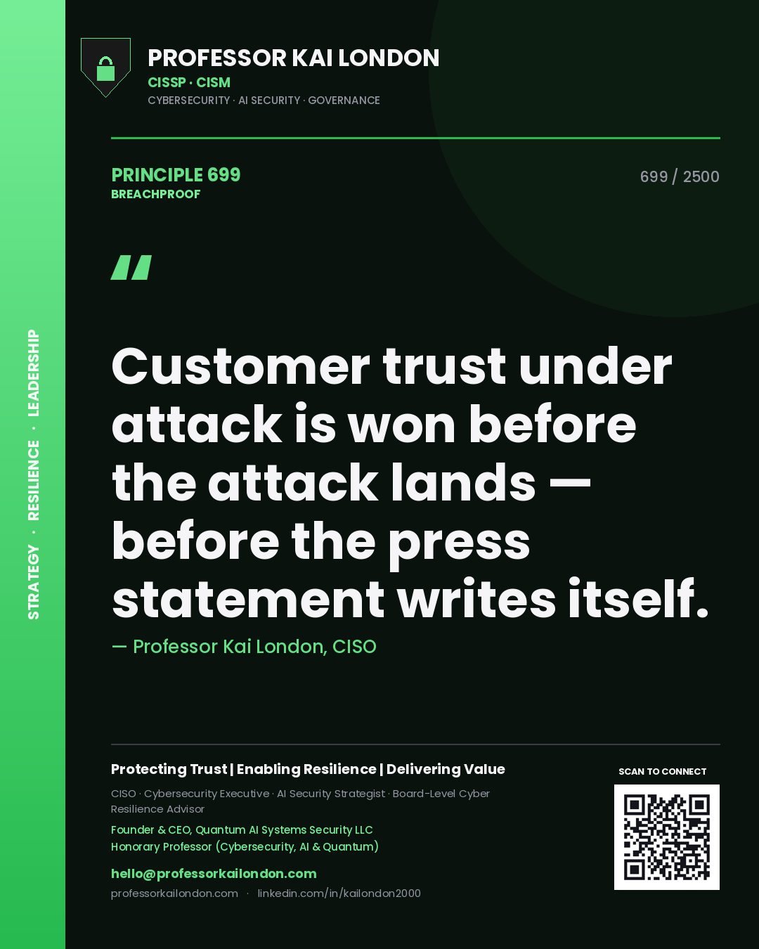 Quote card by Professor Kai London reading 'Customer trust under attack is won before the attack lands — before the press statement writes itself.'. From the book Breachproof.