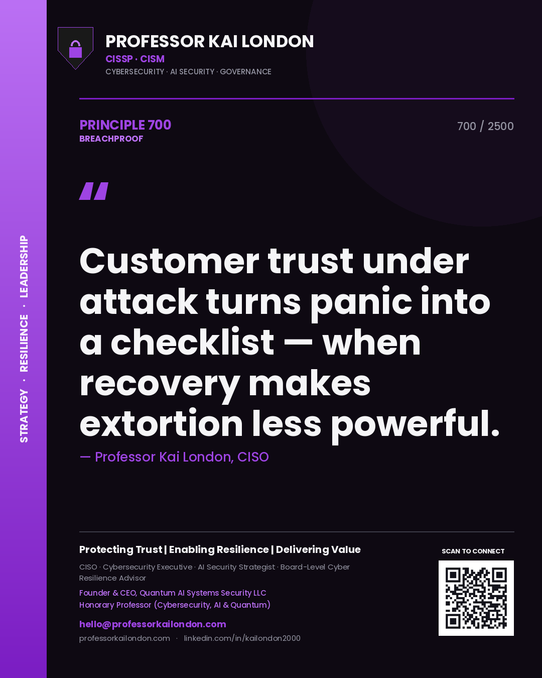 Quote card by Professor Kai London reading 'Customer trust under attack turns panic into a checklist — when recovery makes extortion less powerful.'. From the book Breachproof.