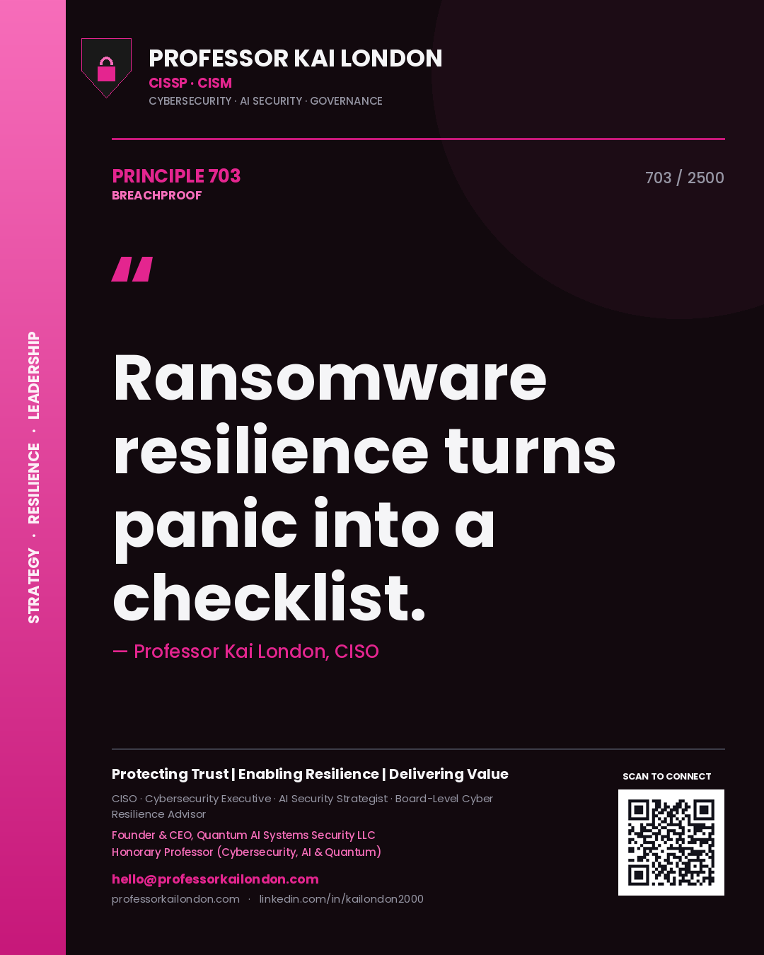 Quote card by Professor Kai London reading 'Ransomware resilience turns panic into a checklist.'. From the book Breachproof.