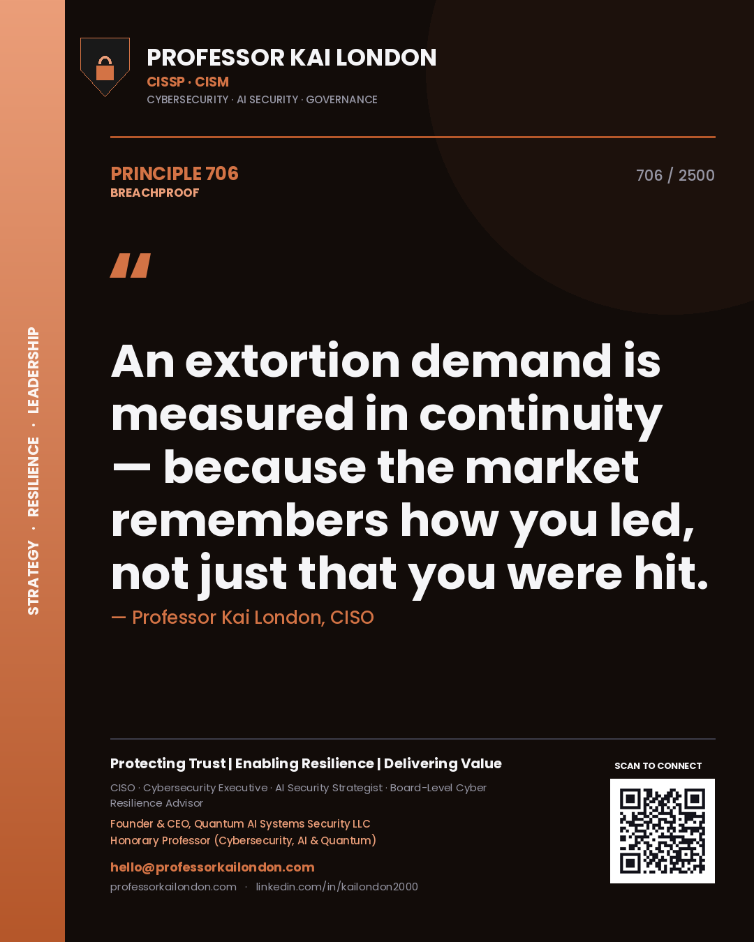 Quote card by Professor Kai London reading 'An extortion demand is measured in continuity — because the market remembers how you led, not just that you were hit.'. From the book Breachproof.