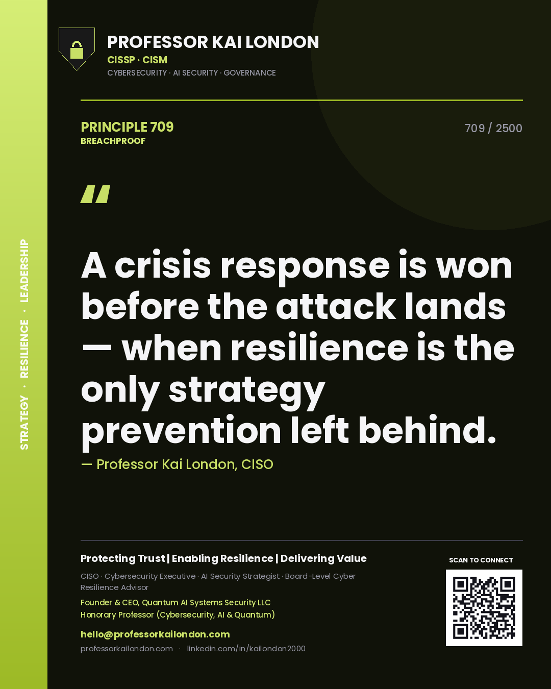 Quote card by Professor Kai London reading 'A crisis response is won before the attack lands — when resilience is the only strategy prevention left behind.'. From the book Breachproof.