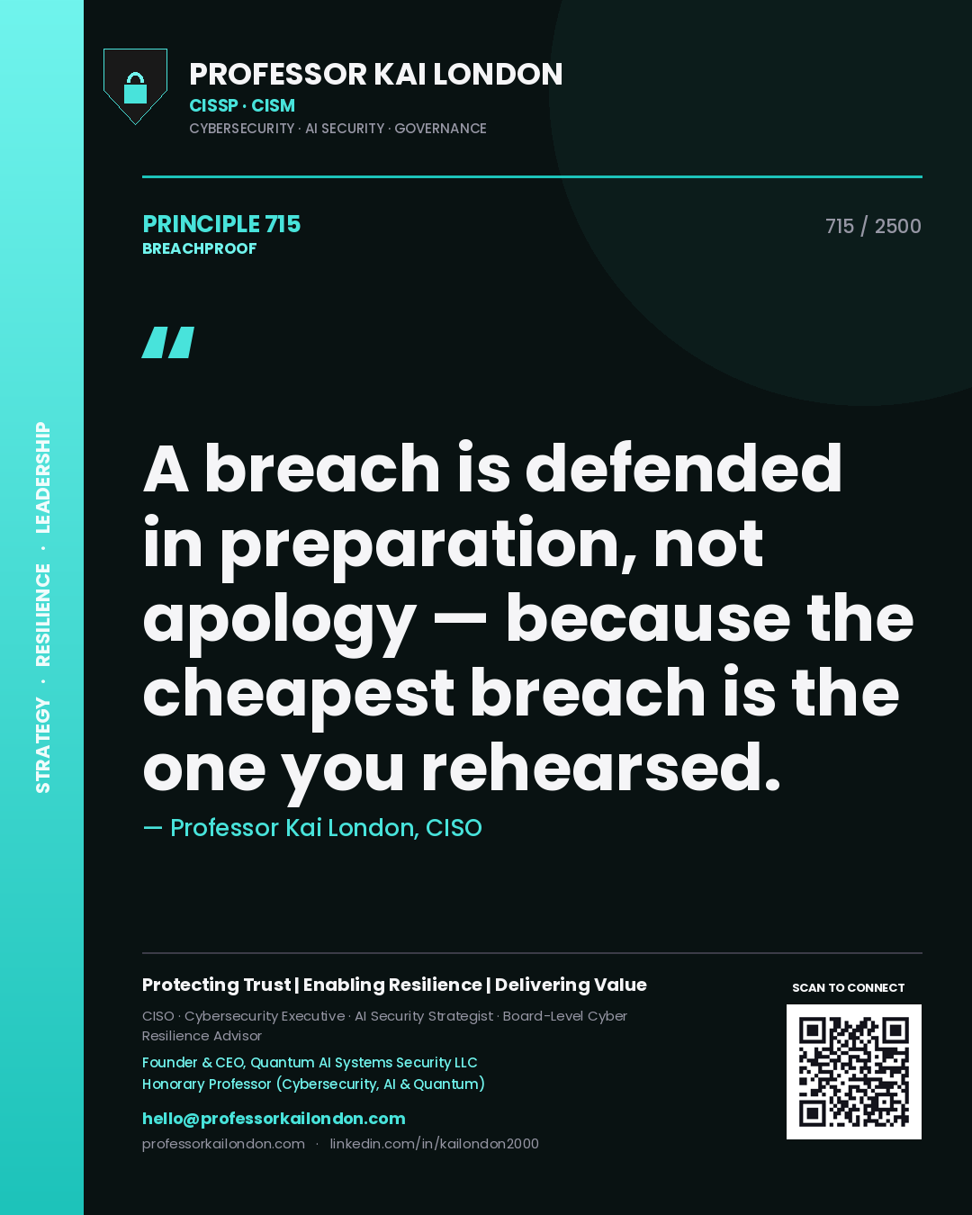 Quote card by Professor Kai London reading 'A breach is defended in preparation, not apology — because the cheapest breach is the one you rehearsed.'. From the book Breachproof.