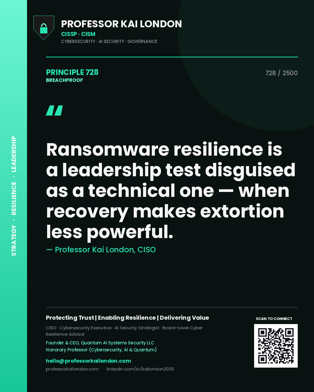 Quote card by Professor Kai London reading 'Ransomware resilience is a leadership test disguised as a technical one — when recovery makes extortion less powerful.'. From the book Breachproof.