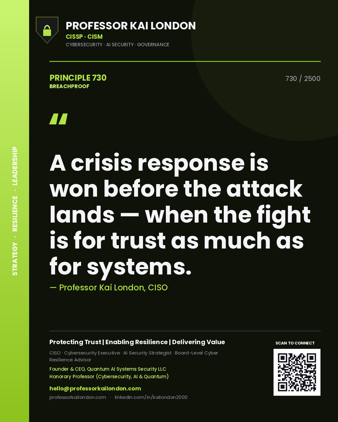 Quote card by Professor Kai London reading 'A crisis response is won before the attack lands — when the fight is for trust as much as for systems.'. From the book Breachproof.