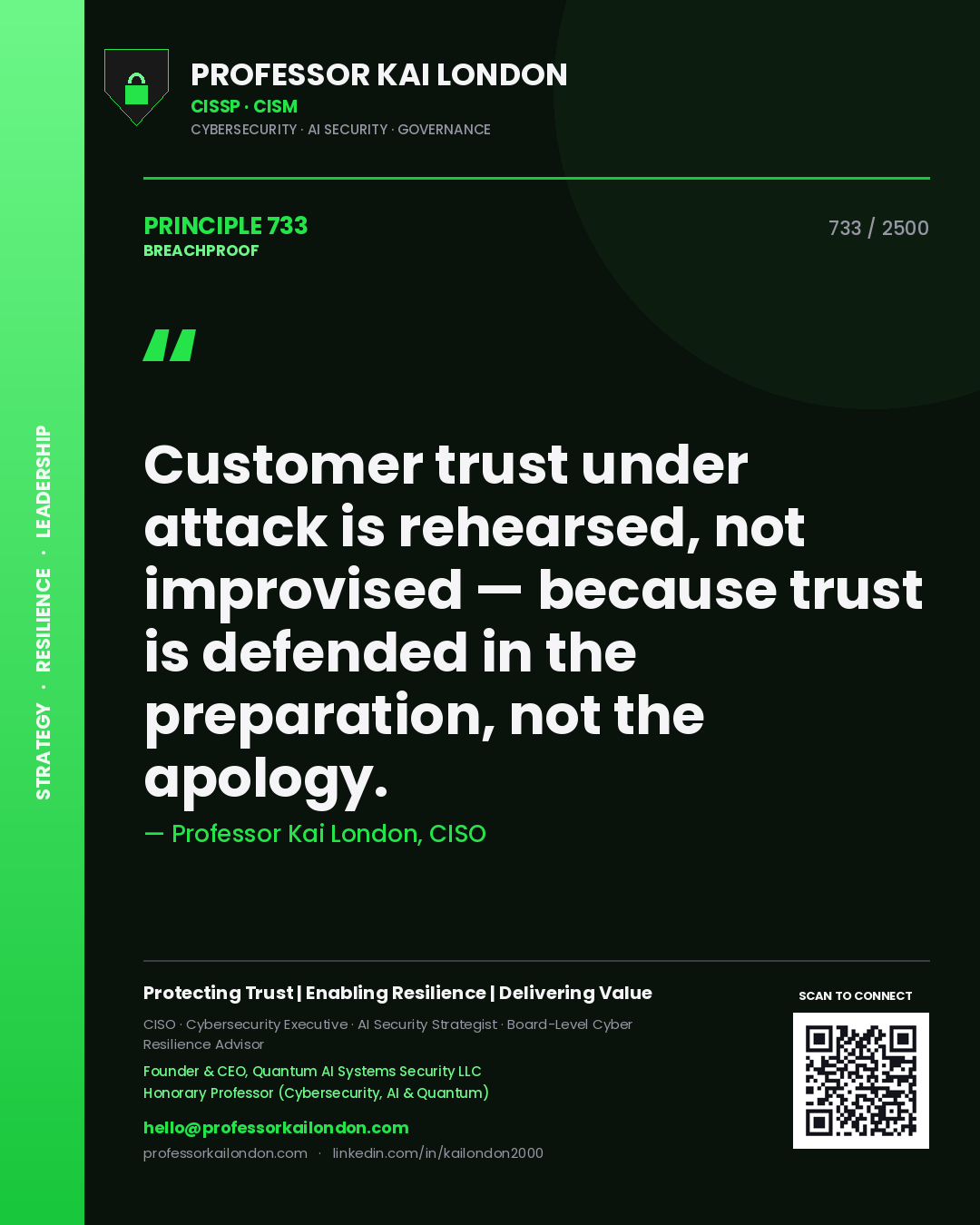 Quote card by Professor Kai London reading 'Customer trust under attack is rehearsed, not improvised — because trust is defended in the preparation, not the apology.'. From the book Breachproof.
