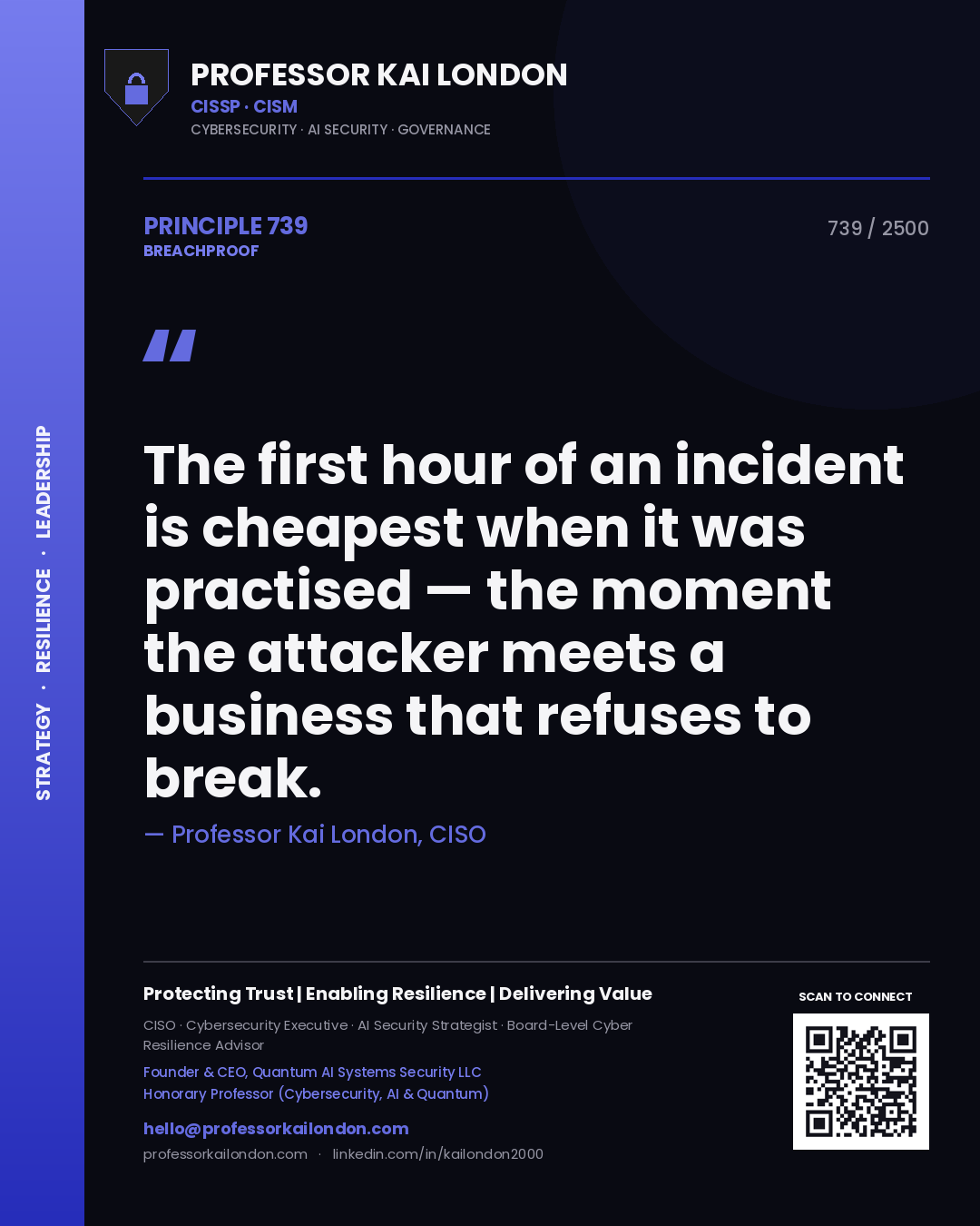 Quote card by Professor Kai London reading 'The first hour of an incident is cheapest when it was practised — the moment the attacker meets a business that refuses to break.'. From the book Breachproof.