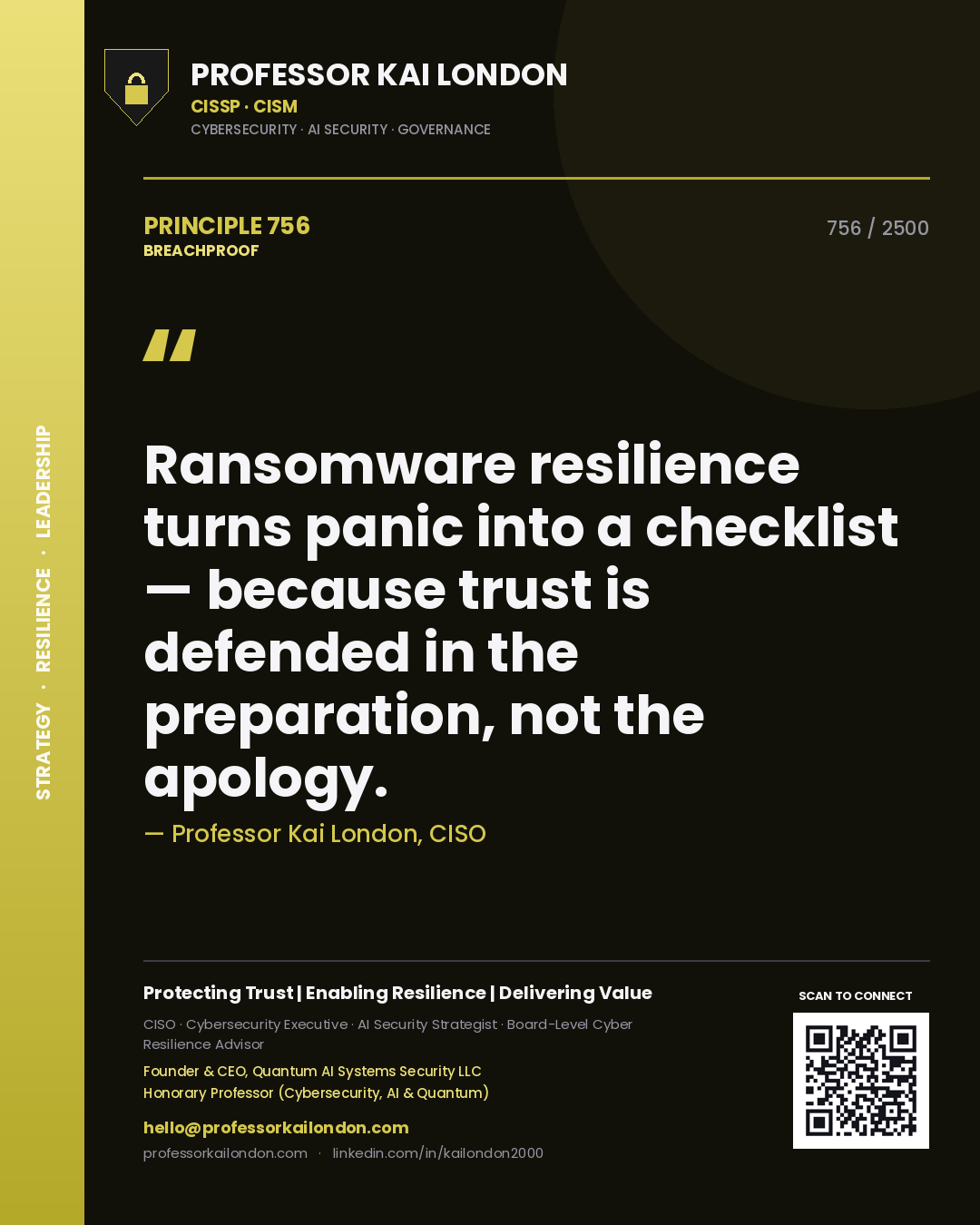 Quote card by Professor Kai London reading 'Ransomware resilience turns panic into a checklist — because trust is defended in the preparation, not the apology.'. From the book Breachproof.