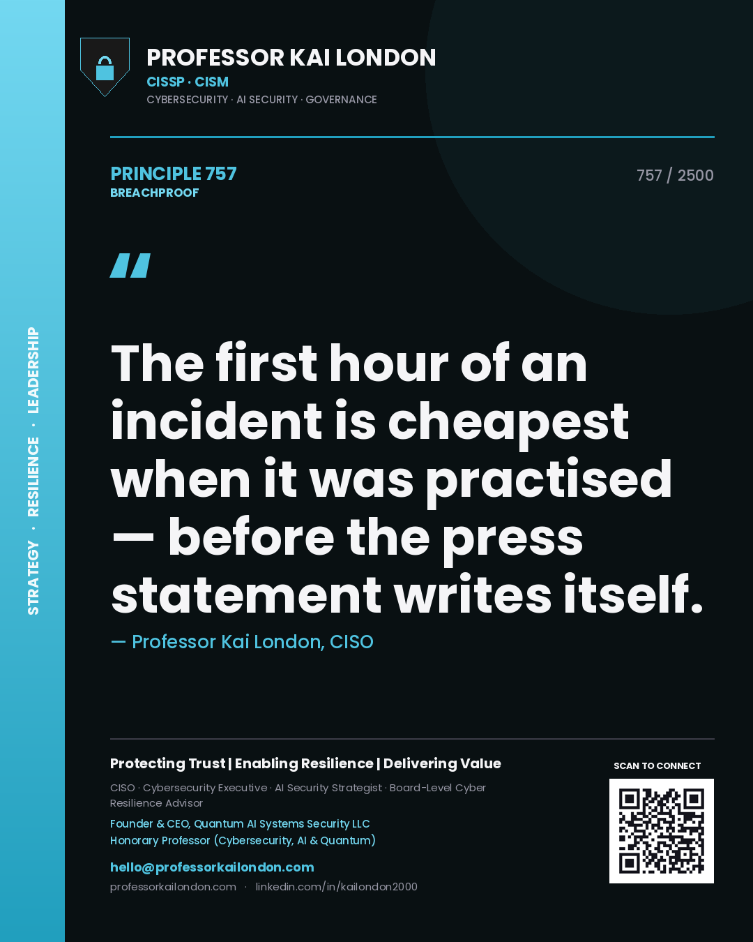Quote card by Professor Kai London reading 'The first hour of an incident is cheapest when it was practised — before the press statement writes itself.'. From the book Breachproof.