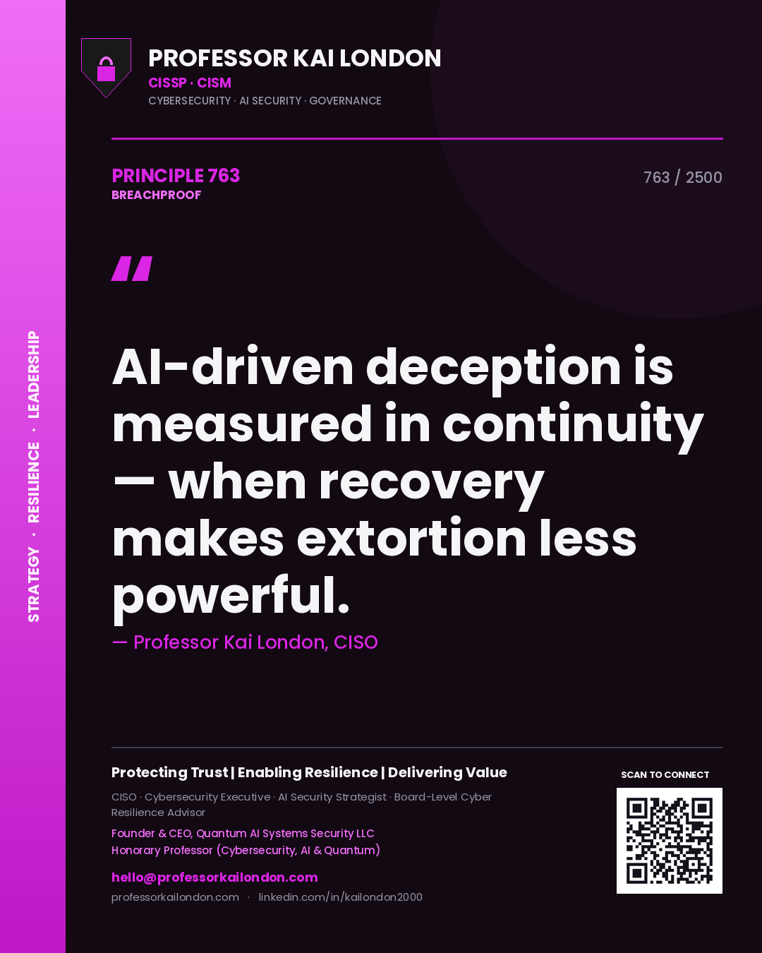 Quote card by Professor Kai London reading 'AI-driven deception is measured in continuity — when recovery makes extortion less powerful.'. From the book Breachproof.