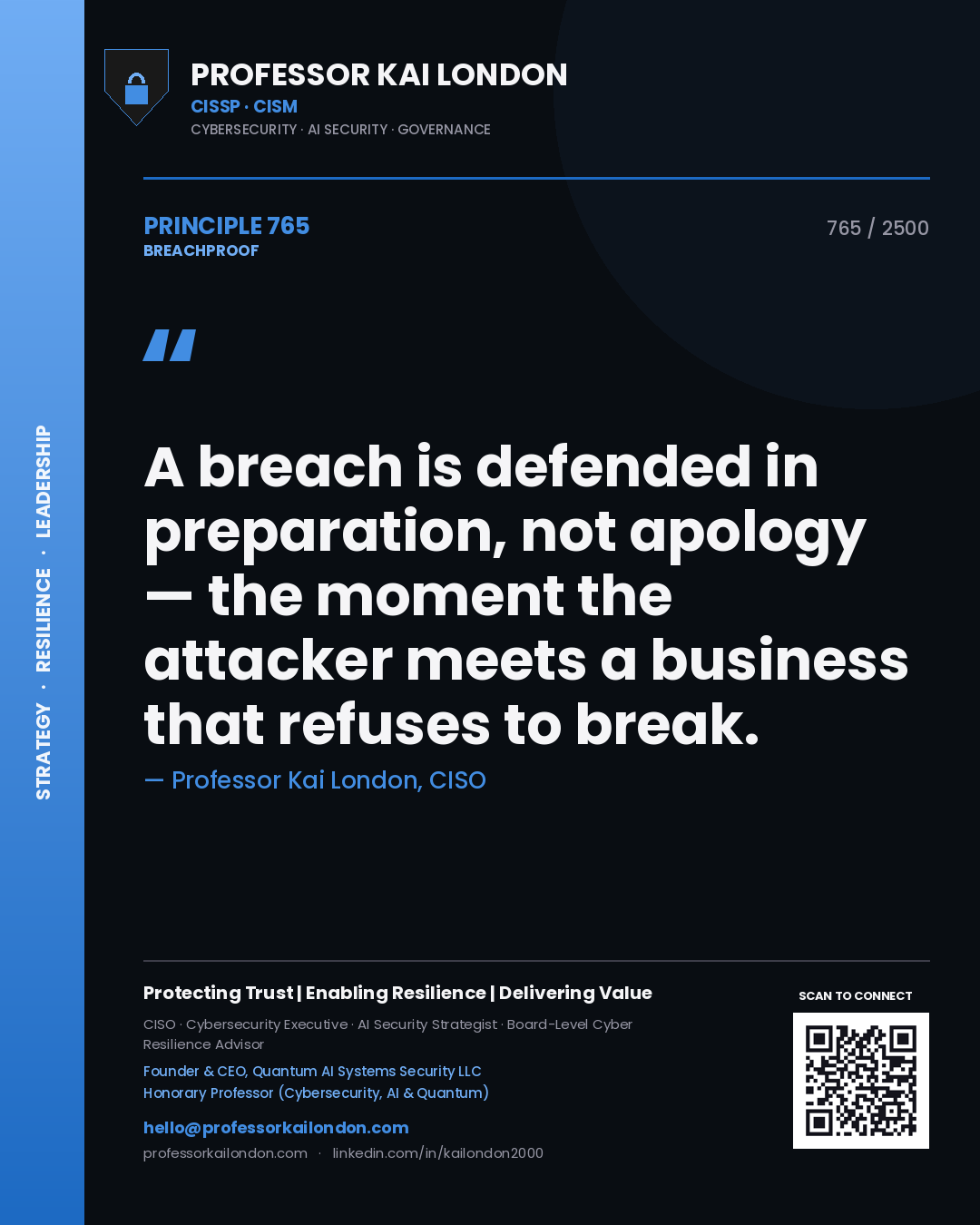 Quote card by Professor Kai London reading 'A breach is defended in preparation, not apology — the moment the attacker meets a business that refuses to break.'. From the book Breachproof.