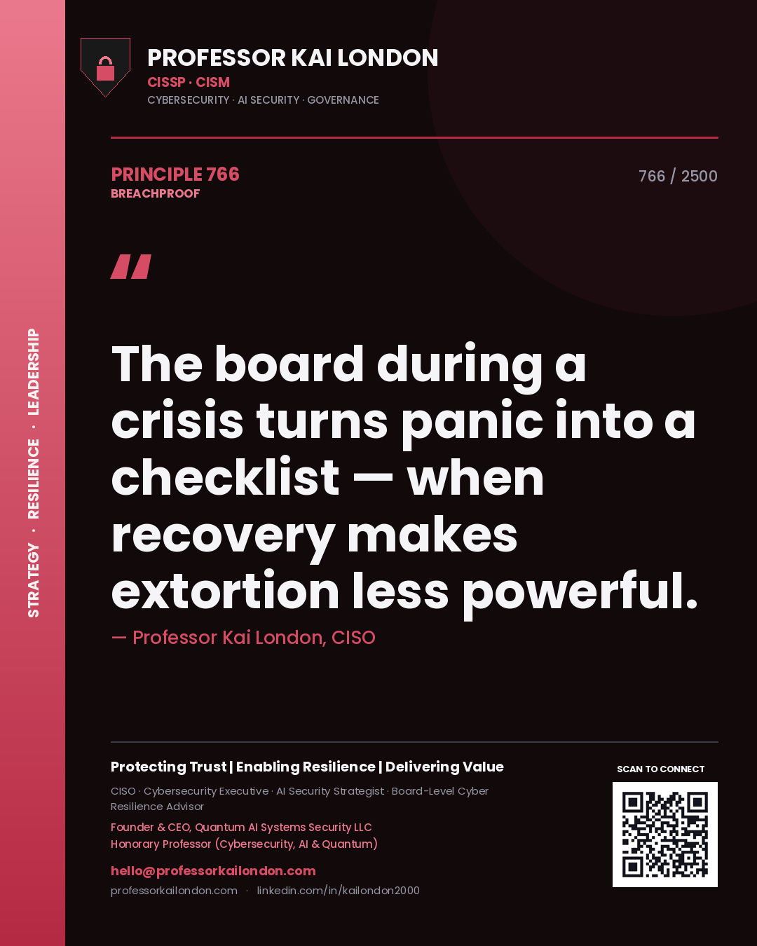 Quote card by Professor Kai London reading 'The board during a crisis turns panic into a checklist — when recovery makes extortion less powerful.'. From the book Breachproof.