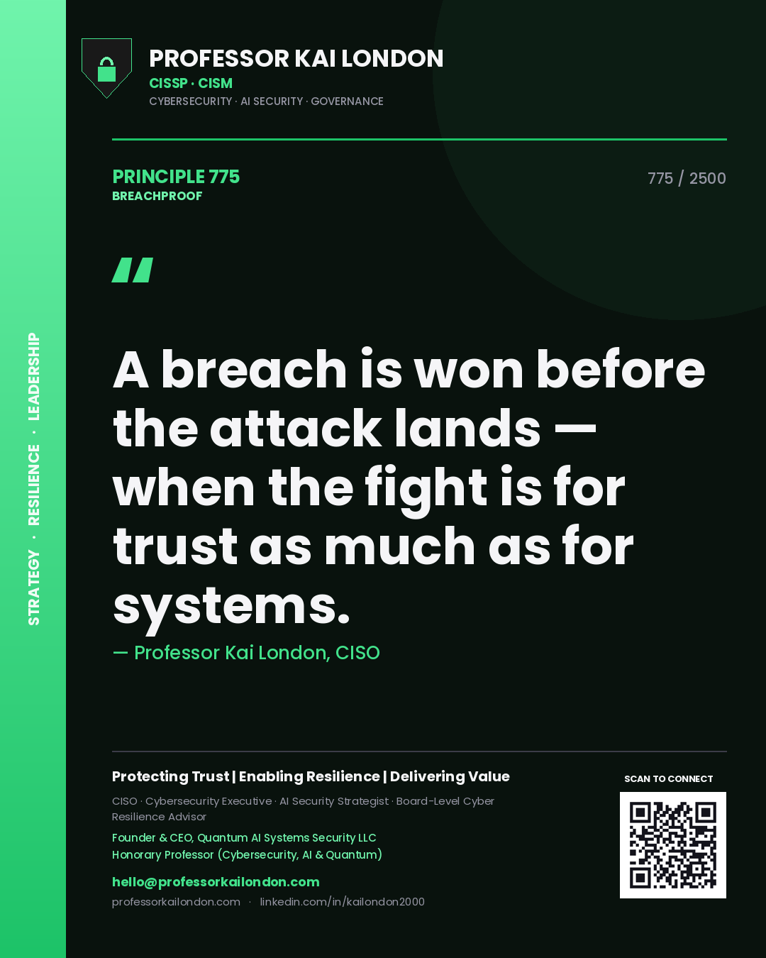 Quote card by Professor Kai London reading 'A breach is won before the attack lands — when the fight is for trust as much as for systems.'. From the book Breachproof.