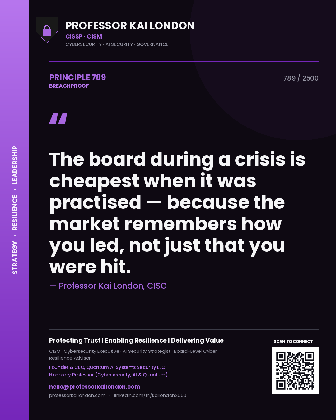 Quote card by Professor Kai London reading 'The board during a crisis is cheapest when it was practised — because the market remembers how you led, not just that you were hit.'. From the book Breachproof.
