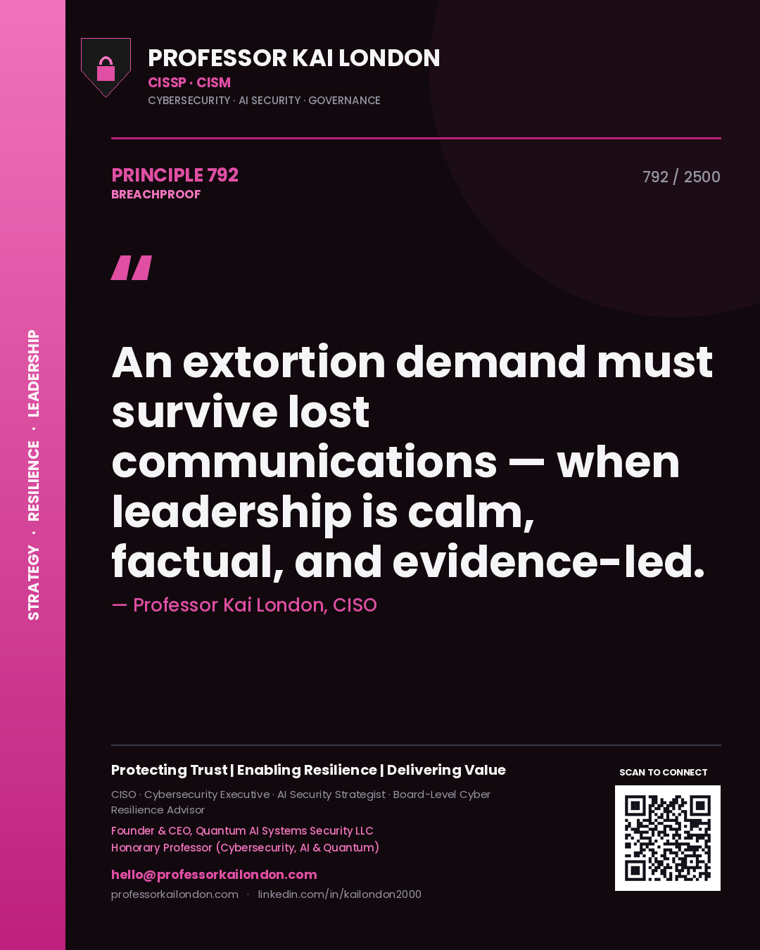Quote card by Professor Kai London reading 'An extortion demand must survive lost communications — when leadership is calm, factual, and evidence-led.'. From the book Breachproof.