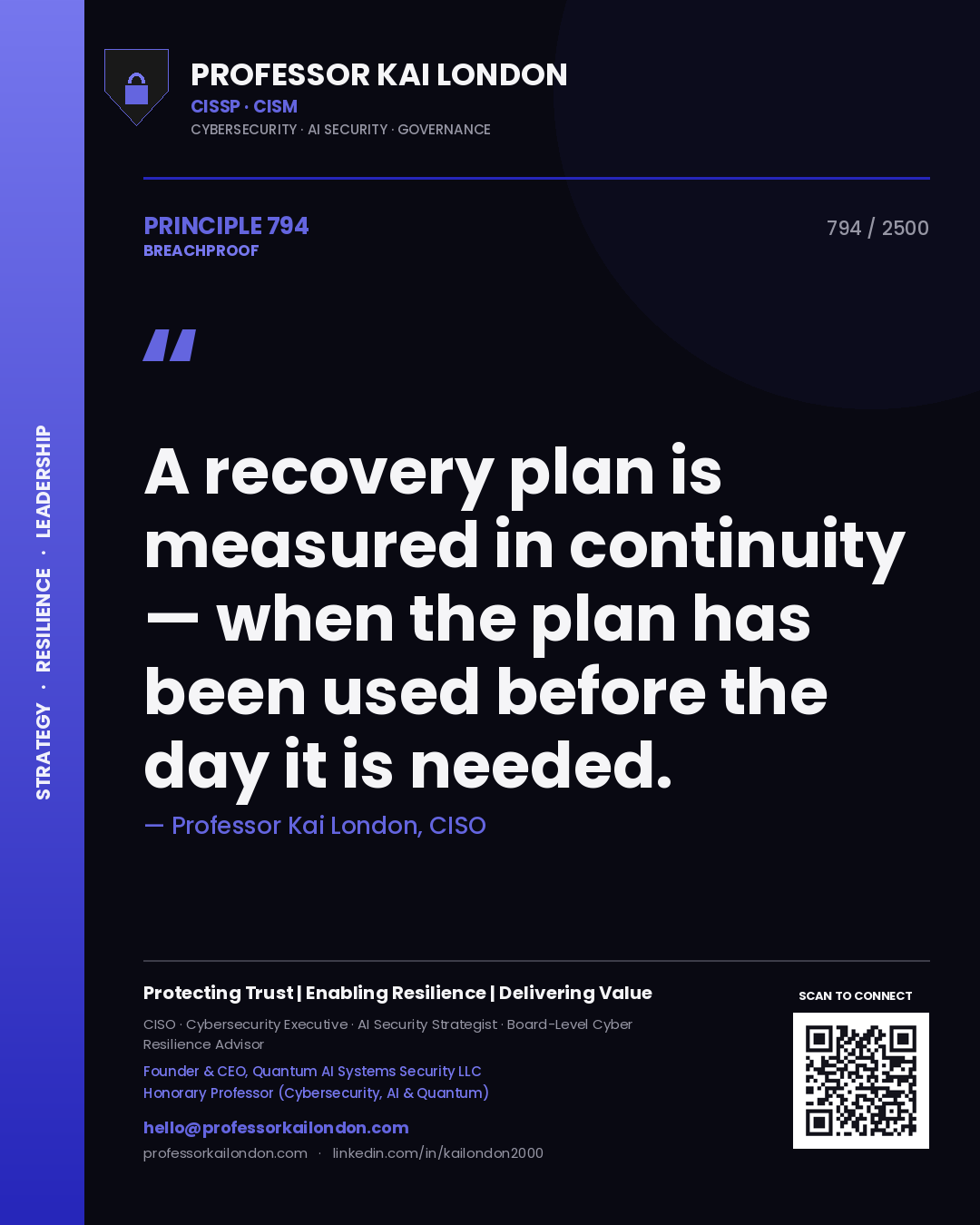 Quote card by Professor Kai London reading 'A recovery plan is measured in continuity — when the plan has been used before the day it is needed.'. From the book Breachproof.