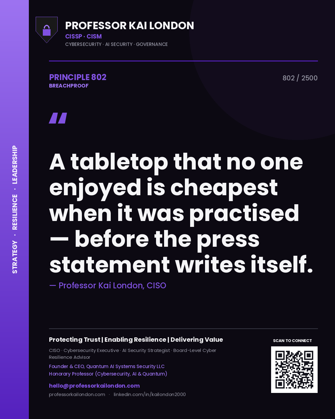 Quote card by Professor Kai London reading 'A tabletop that no one enjoyed is cheapest when it was practised — before the press statement writes itself.'. From the book Breachproof.