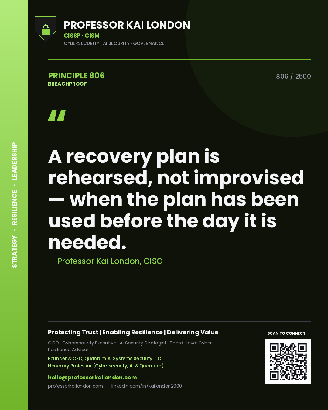 Quote card by Professor Kai London reading 'A recovery plan is rehearsed, not improvised — when the plan has been used before the day it is needed.'. From the book Breachproof.