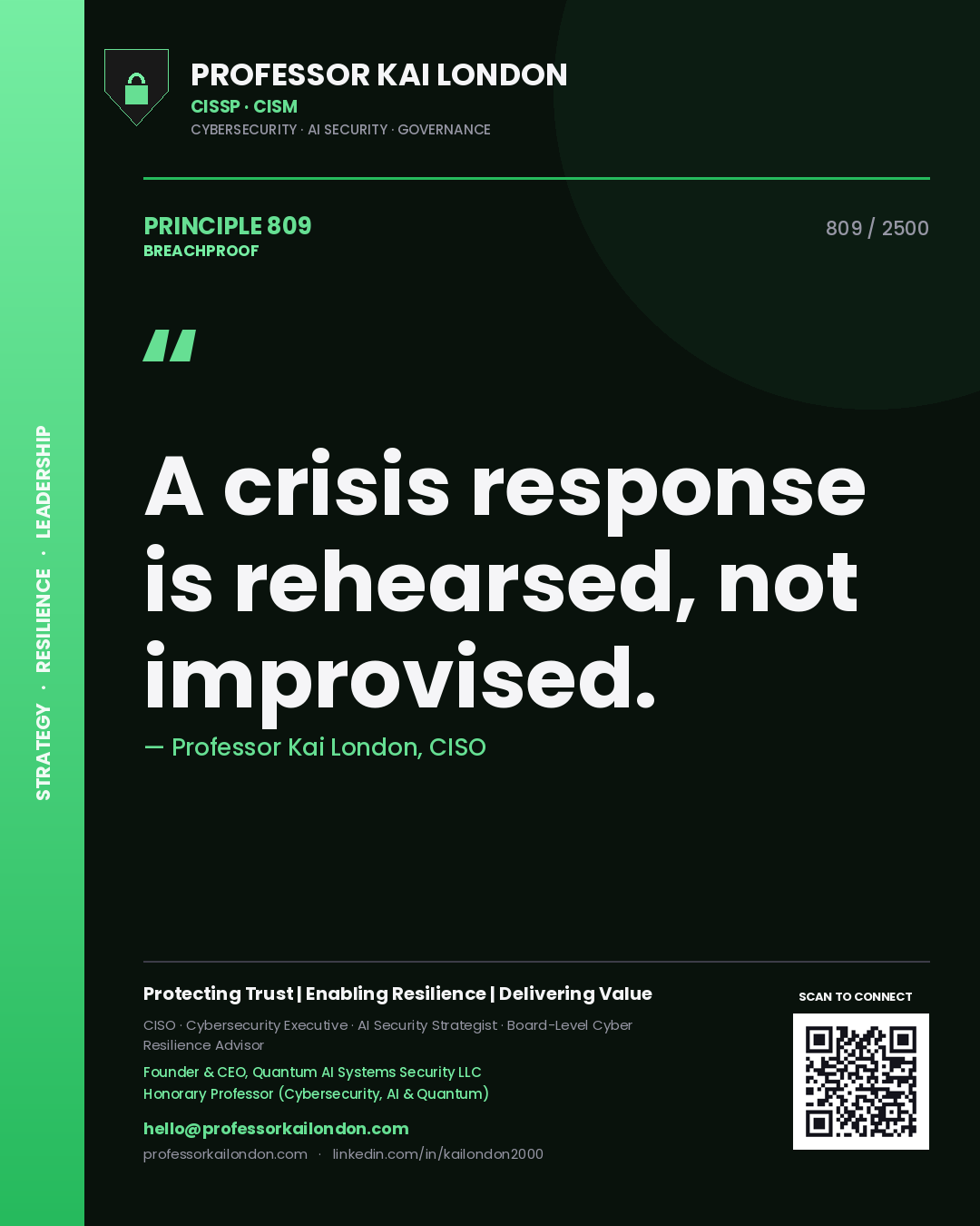 Quote card by Professor Kai London reading 'A crisis response is rehearsed, not improvised.'. From the book Breachproof.