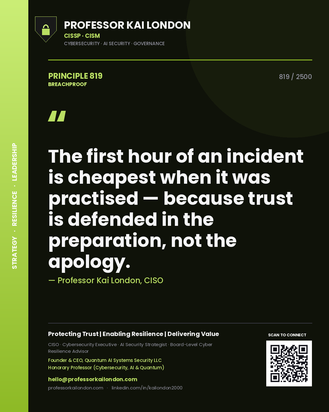 Quote card by Professor Kai London reading 'The first hour of an incident is cheapest when it was practised — because trust is defended in the preparation, not the apology.'. From the book Breachproof.