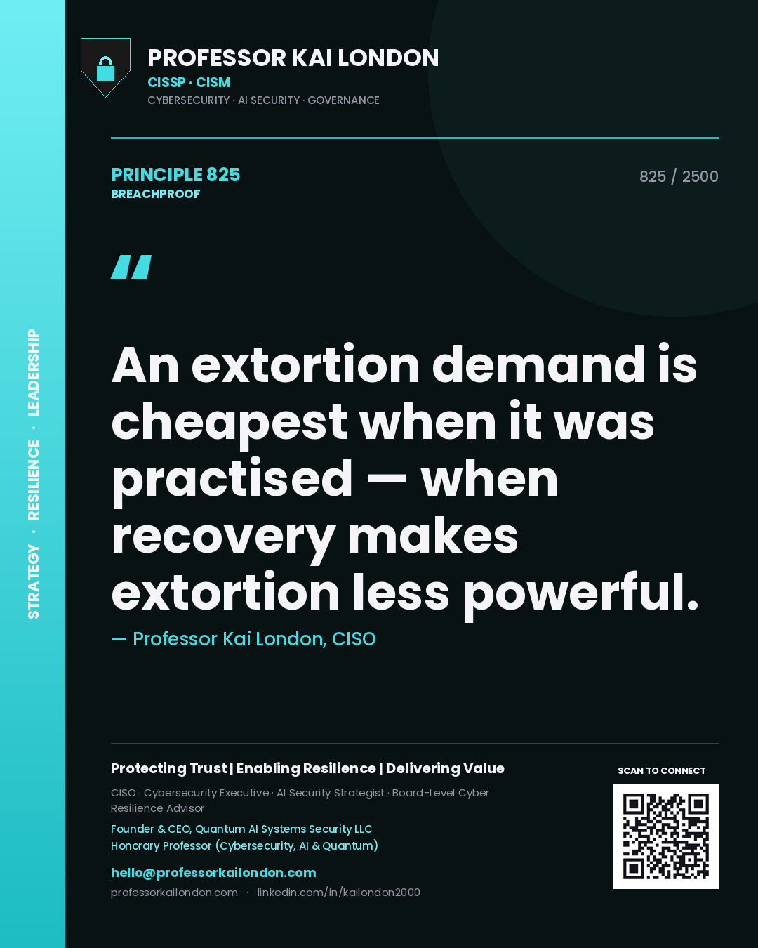 Quote card by Professor Kai London reading 'An extortion demand is cheapest when it was practised — when recovery makes extortion less powerful.'. From the book Breachproof.