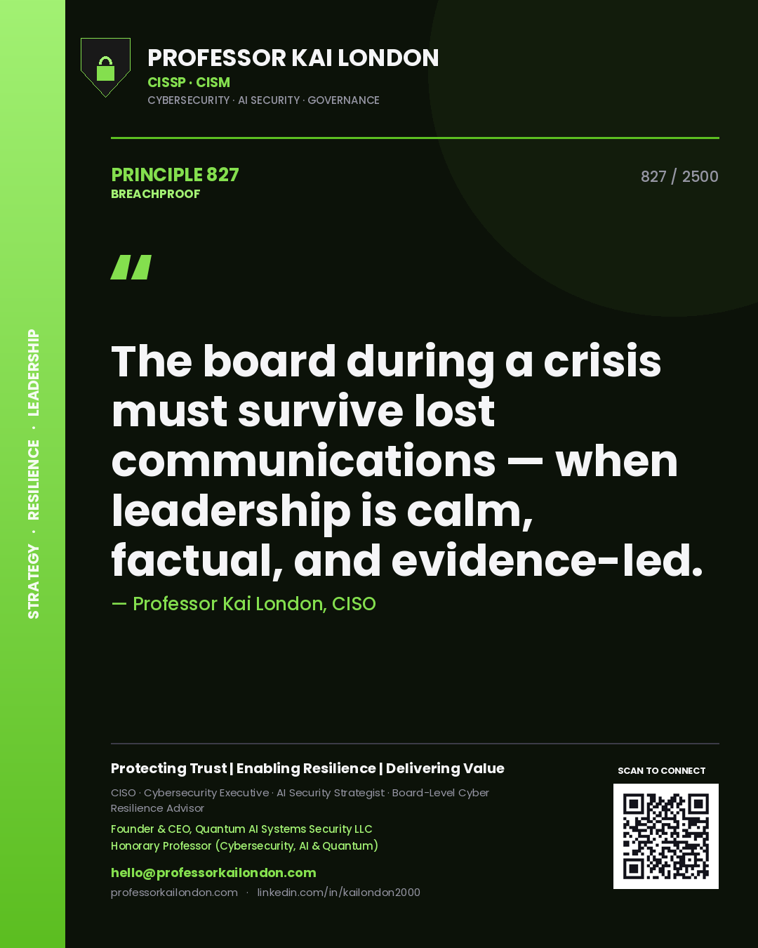 Quote card by Professor Kai London reading 'The board during a crisis must survive lost communications — when leadership is calm, factual, and evidence-led.'. From the book Breachproof.