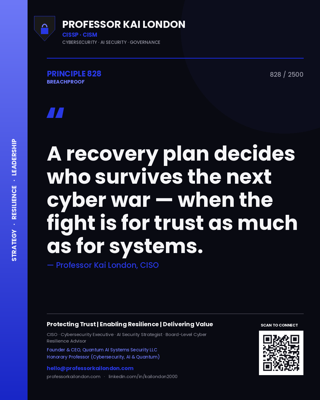 Quote card by Professor Kai London reading 'A recovery plan decides who survives the next cyber war — when the fight is for trust as much as for systems.'. From the book Breachproof.