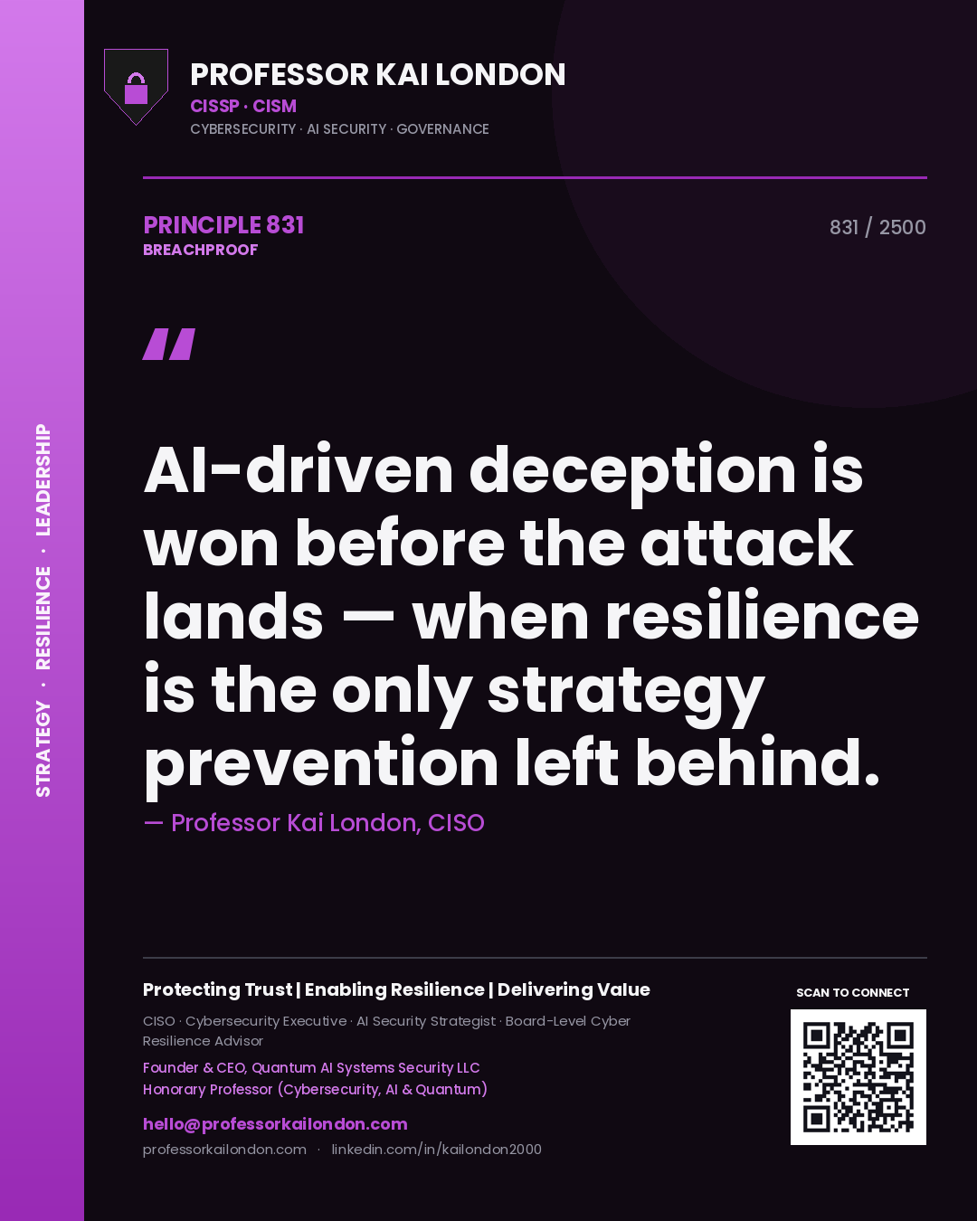 Quote card by Professor Kai London reading 'AI-driven deception is won before the attack lands — when resilience is the only strategy prevention left behind.'. From the book Breachproof.