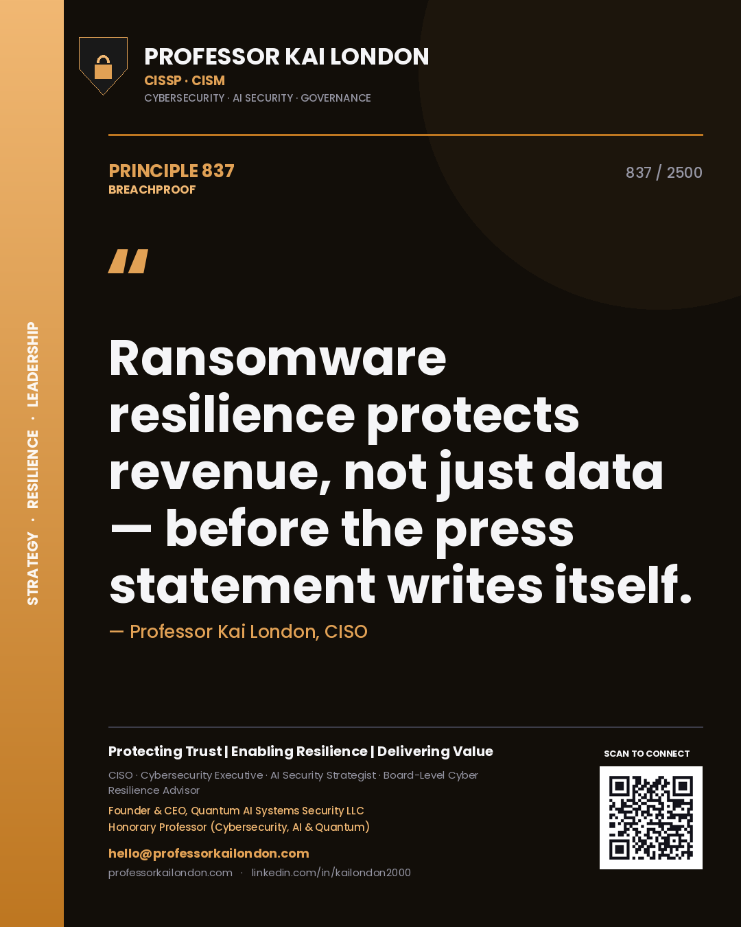 Quote card by Professor Kai London reading 'Ransomware resilience protects revenue, not just data — before the press statement writes itself.'. From the book Breachproof.