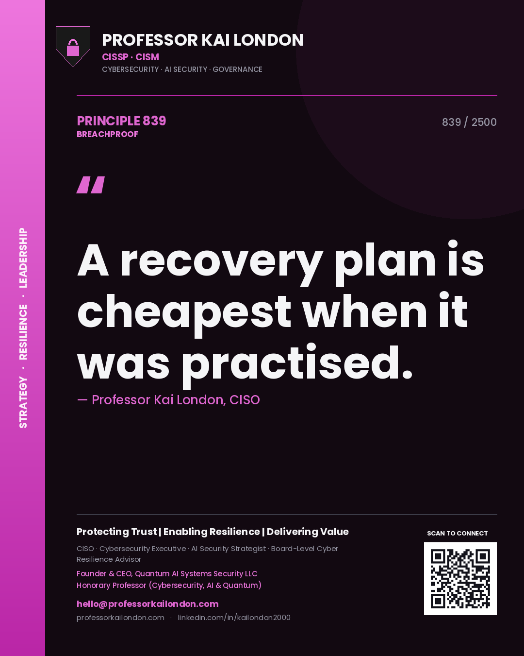 Quote card by Professor Kai London reading 'A recovery plan is cheapest when it was practised.'. From the book Breachproof.