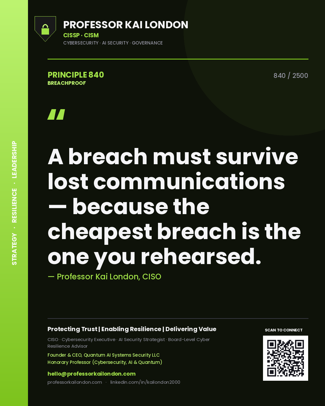 Quote card by Professor Kai London reading 'A breach must survive lost communications — because the cheapest breach is the one you rehearsed.'. From the book Breachproof.