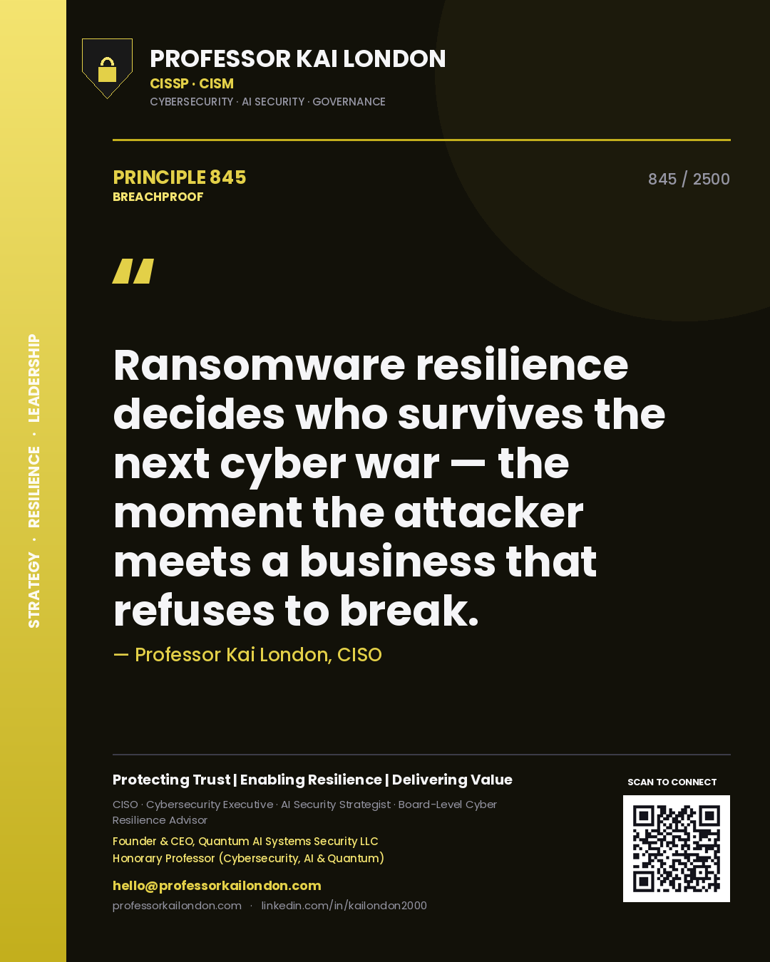 Quote card by Professor Kai London reading 'Ransomware resilience decides who survives the next cyber war — the moment the attacker meets a business that refuses to break.'. From the book Breachproof.