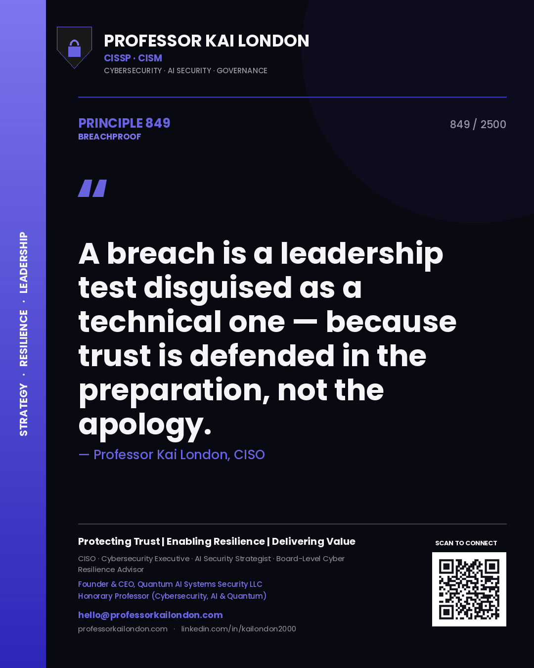 Quote card by Professor Kai London reading 'A breach is a leadership test disguised as a technical one — because trust is defended in the preparation, not the apology.'. From the book Breachproof.