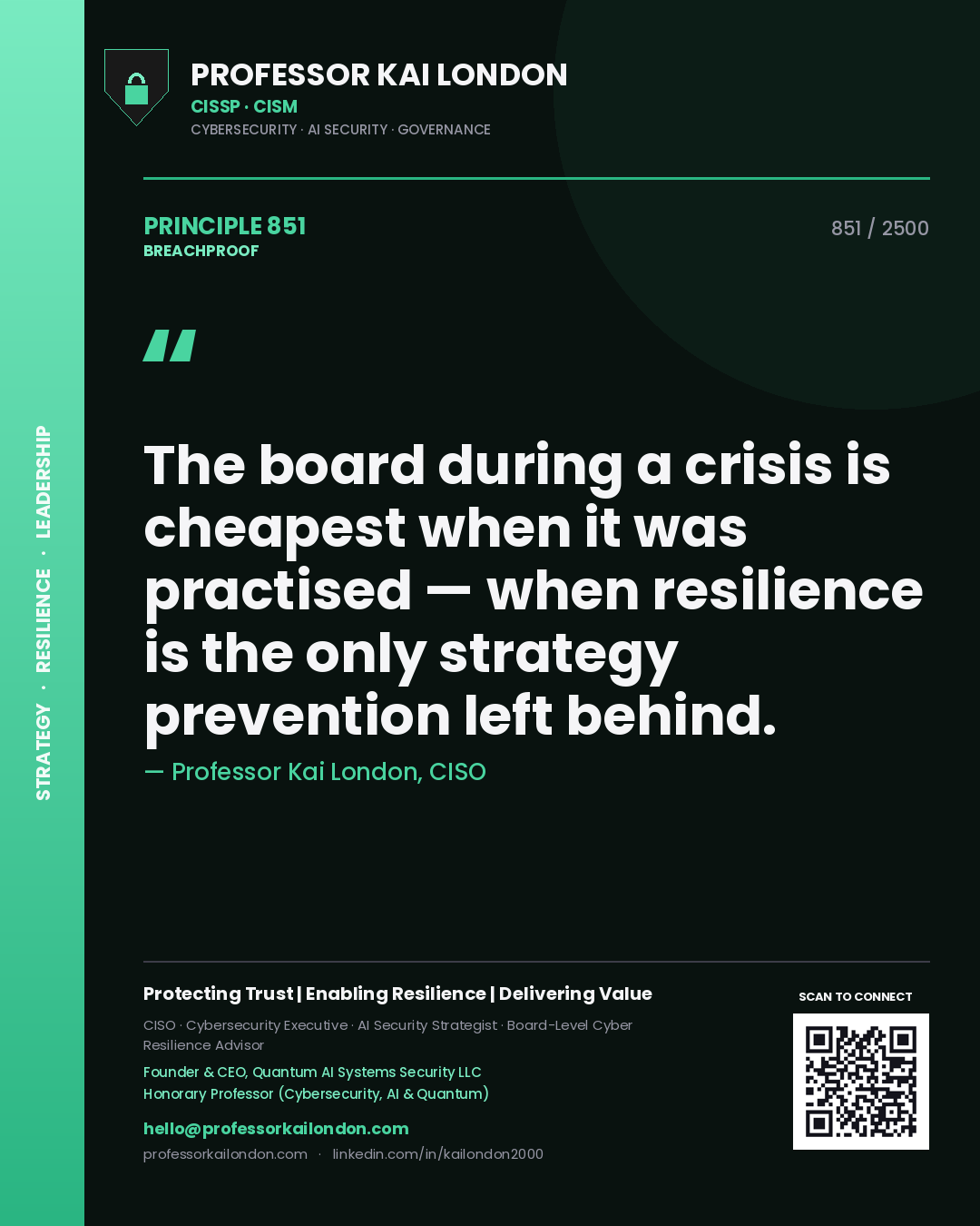 Professor Kai London principle 851: The board during a crisis is cheapest when it was practised — when resilience is the only strategy prevention left behind.