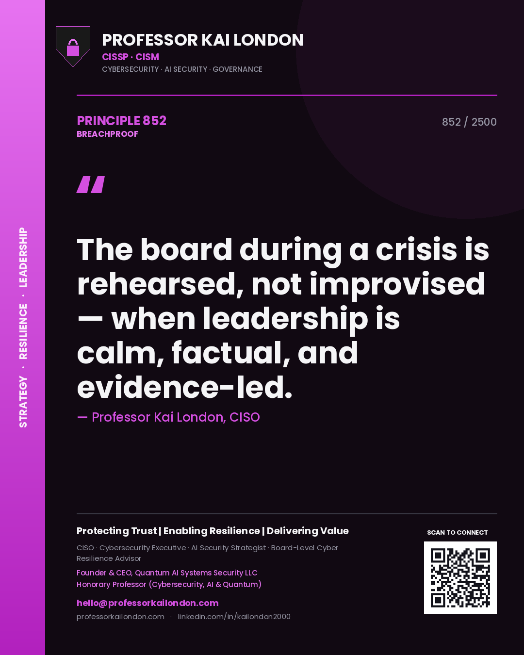 Quote card by Professor Kai London reading 'The board during a crisis is rehearsed, not improvised — when leadership is calm, factual, and evidence-led.'. From the book Breachproof.