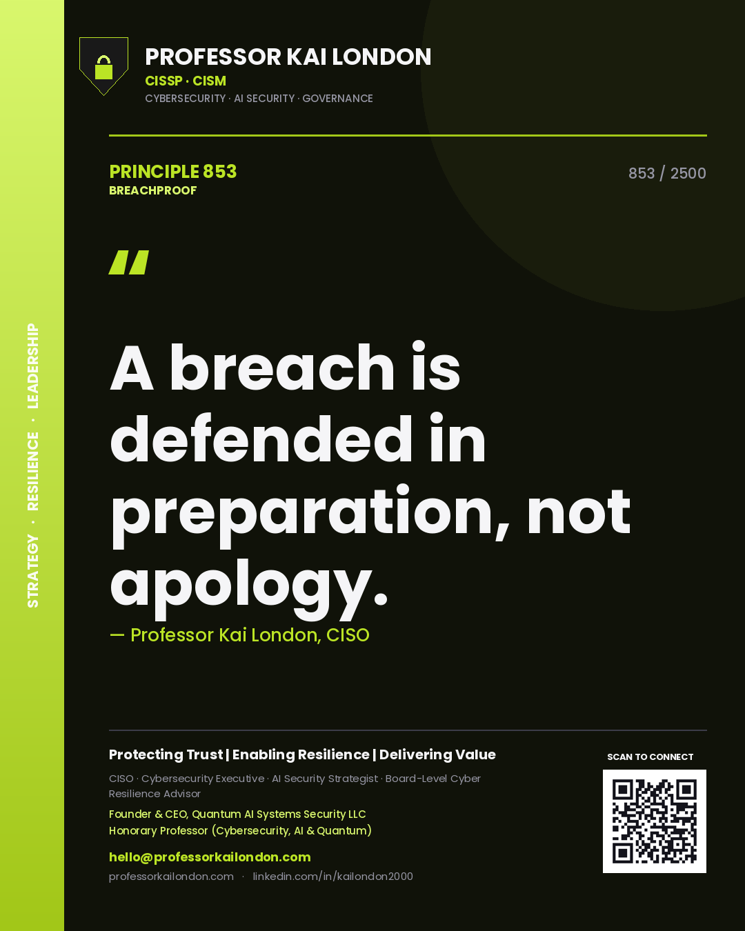 Quote card by Professor Kai London reading 'A breach is defended in preparation, not apology.'. From the book Breachproof.