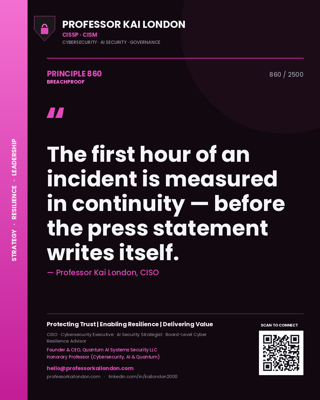 Quote card by Professor Kai London reading 'The first hour of an incident is measured in continuity — before the press statement writes itself.'. From the book Breachproof.