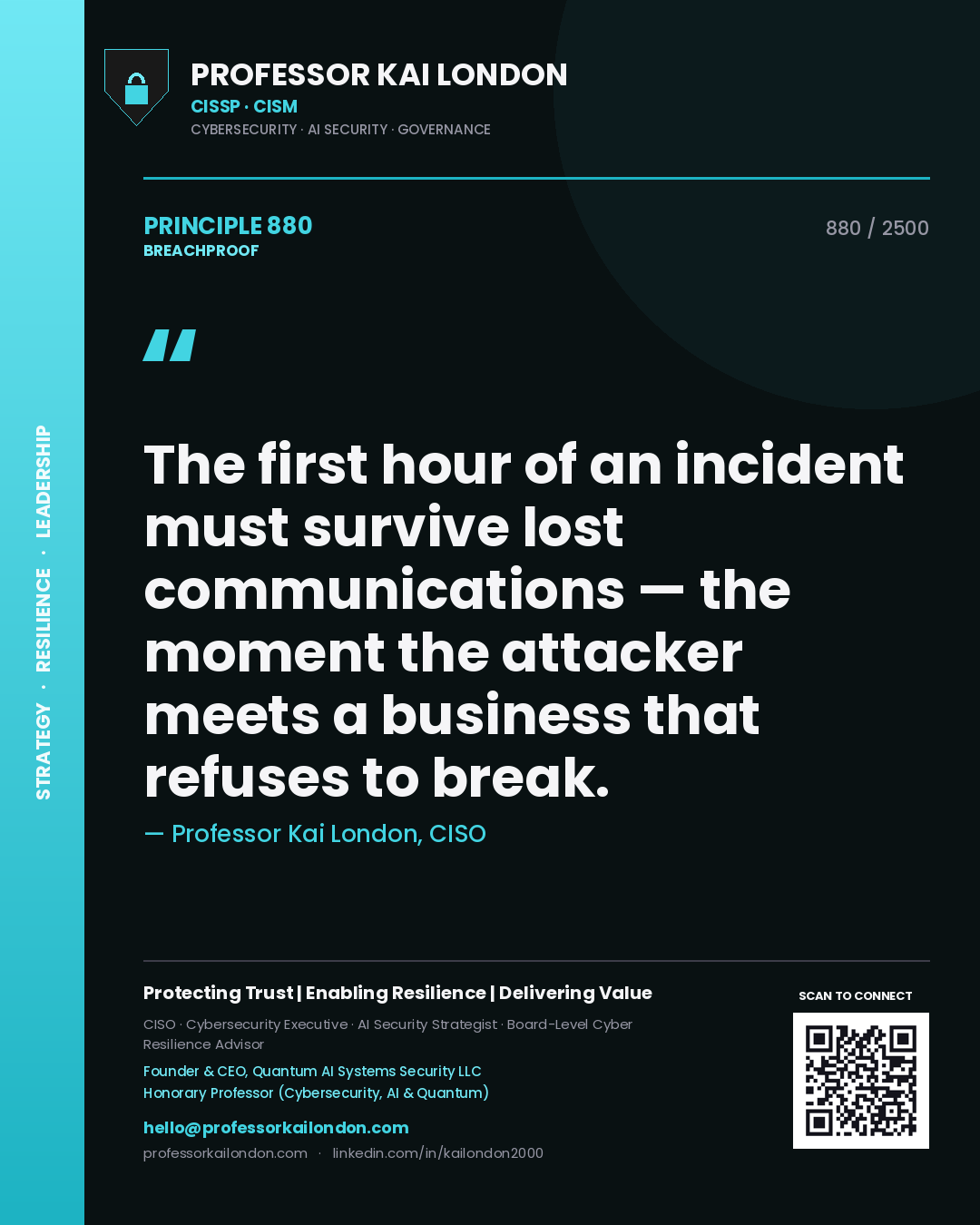 Quote card by Professor Kai London reading 'The first hour of an incident must survive lost communications — the moment the attacker meets a business that refuses to break.'. From the book Breachproof.