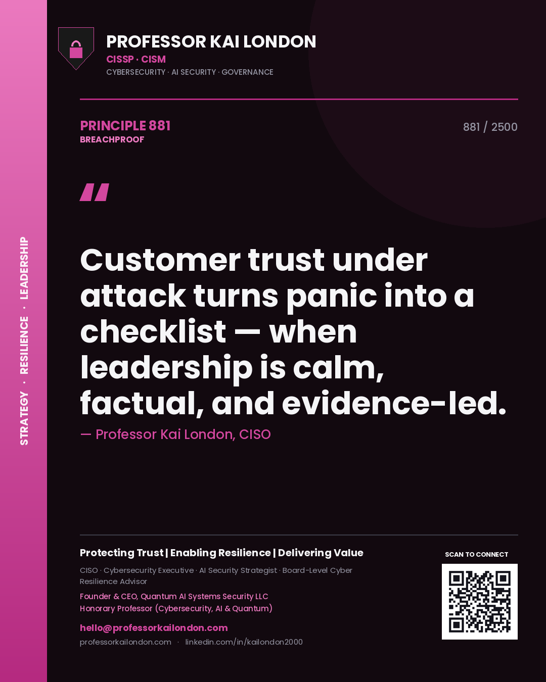 Quote card by Professor Kai London reading 'Customer trust under attack turns panic into a checklist — when leadership is calm, factual, and evidence-led.'. From the book Breachproof.