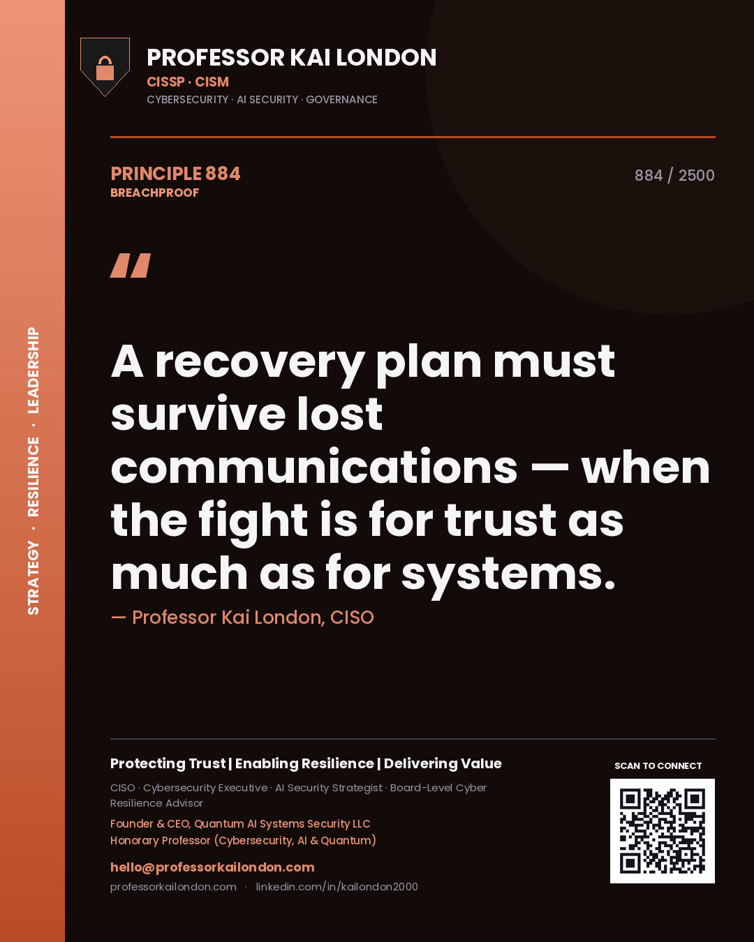 Quote card by Professor Kai London reading 'A recovery plan must survive lost communications — when the fight is for trust as much as for systems.'. From the book Breachproof.