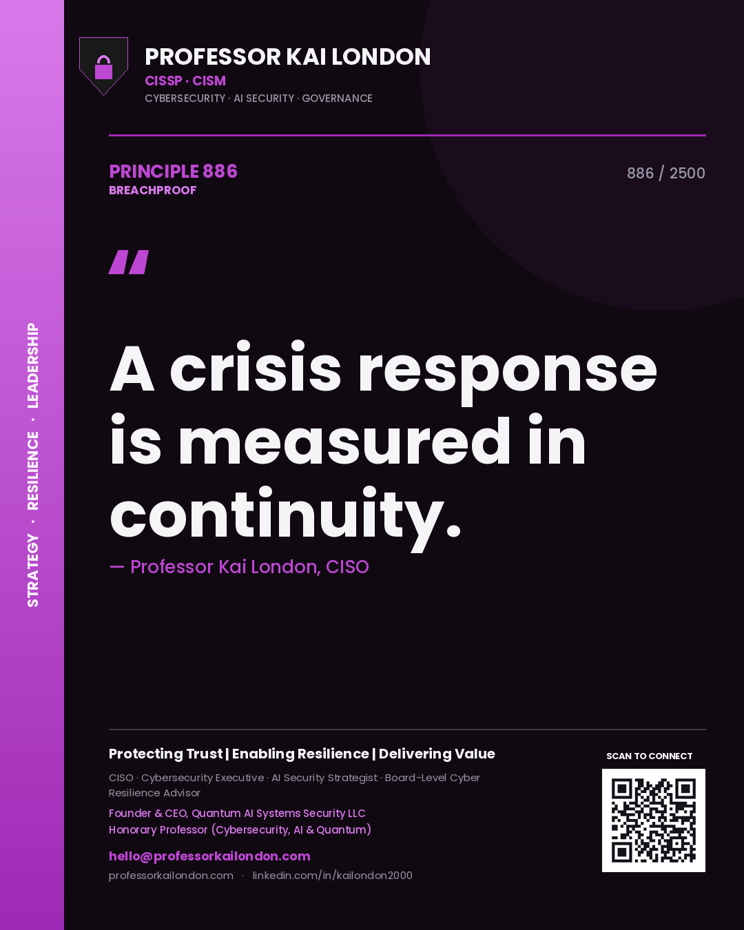 Quote card by Professor Kai London reading 'A crisis response is measured in continuity.'. From the book Breachproof.