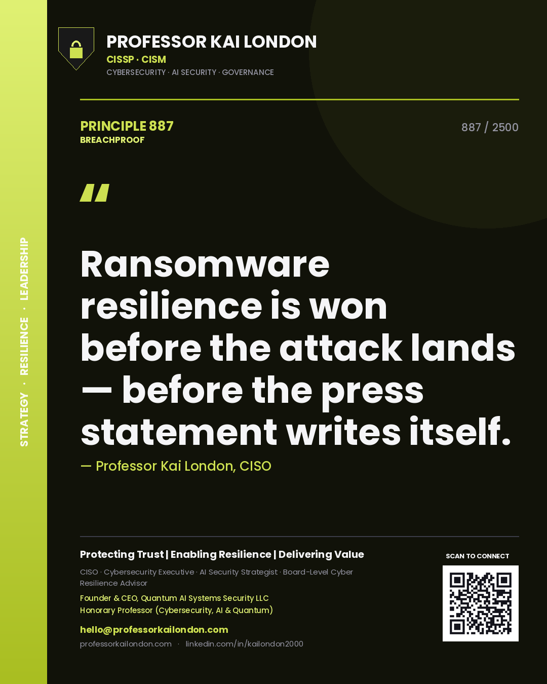 Quote card by Professor Kai London reading 'Ransomware resilience is won before the attack lands — before the press statement writes itself.'. From the book Breachproof.