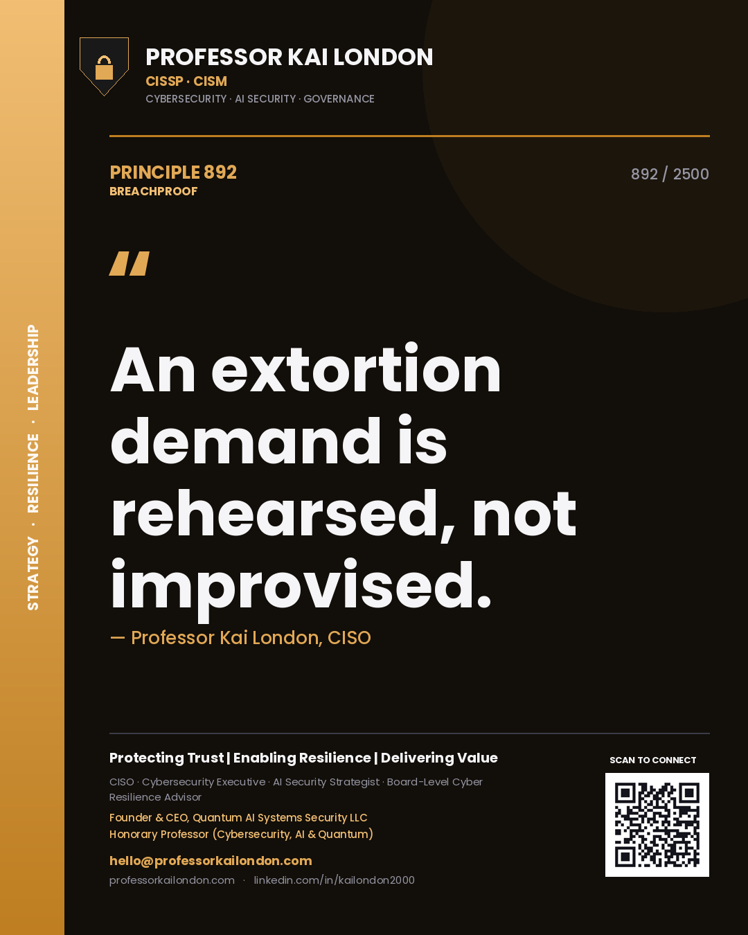 Quote card by Professor Kai London reading 'An extortion demand is rehearsed, not improvised.'. From the book Breachproof.