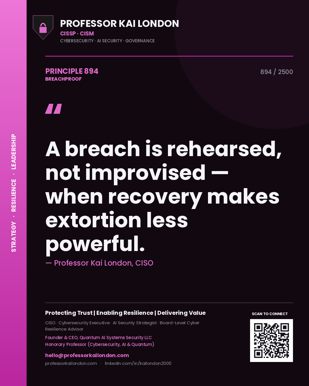 Quote card by Professor Kai London reading 'A breach is rehearsed, not improvised — when recovery makes extortion less powerful.'. From the book Breachproof.