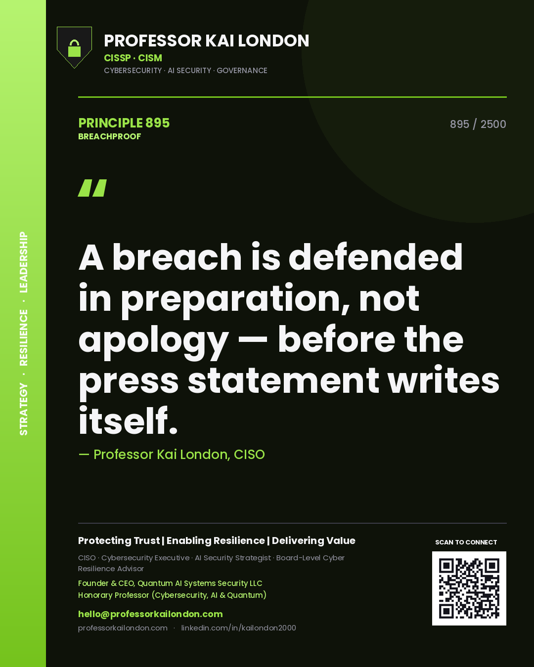 Quote card by Professor Kai London reading 'A breach is defended in preparation, not apology — before the press statement writes itself.'. From the book Breachproof.