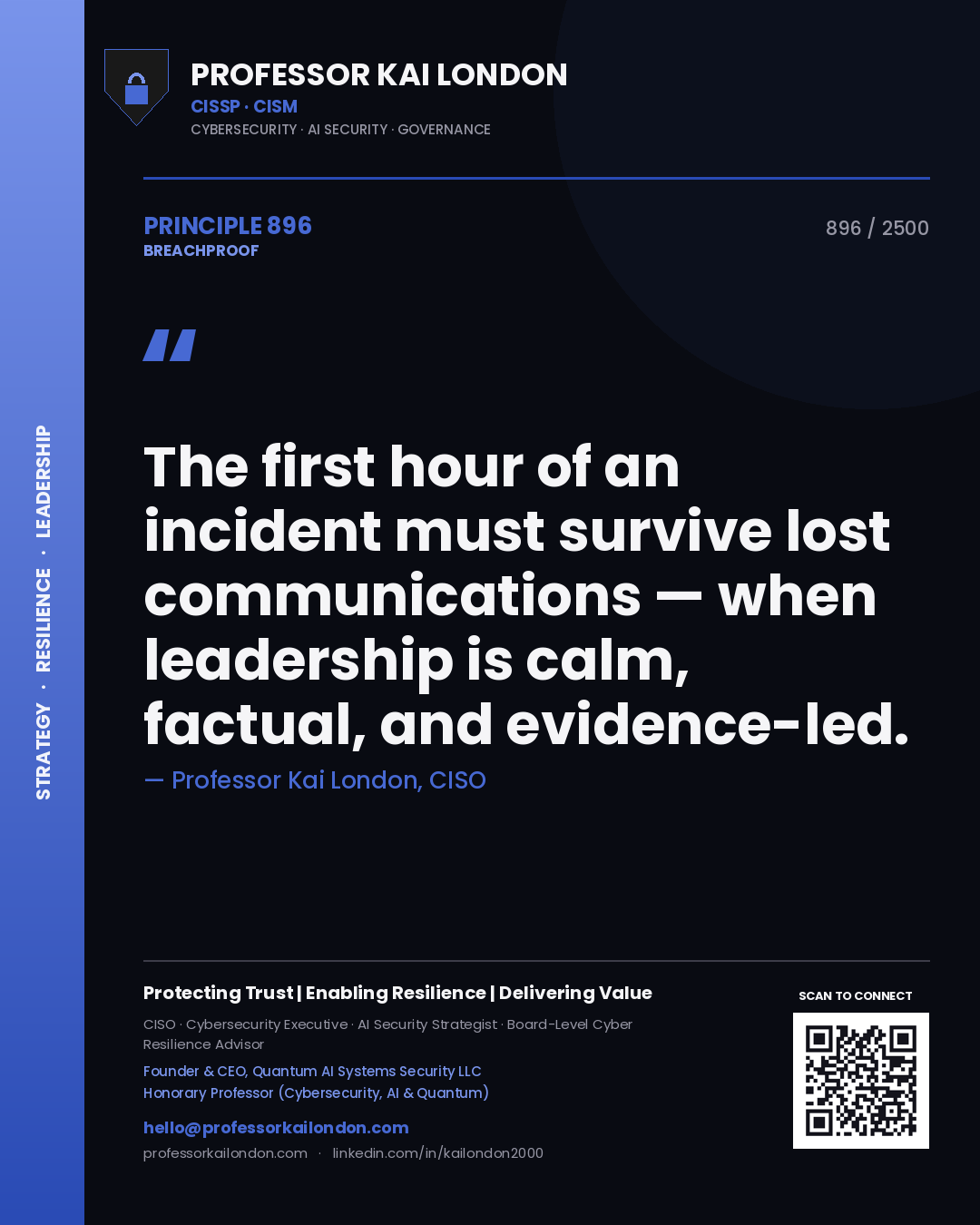 Quote card by Professor Kai London reading 'The first hour of an incident must survive lost communications — when leadership is calm, factual, and evidence-led.'. From the book Breachproof.