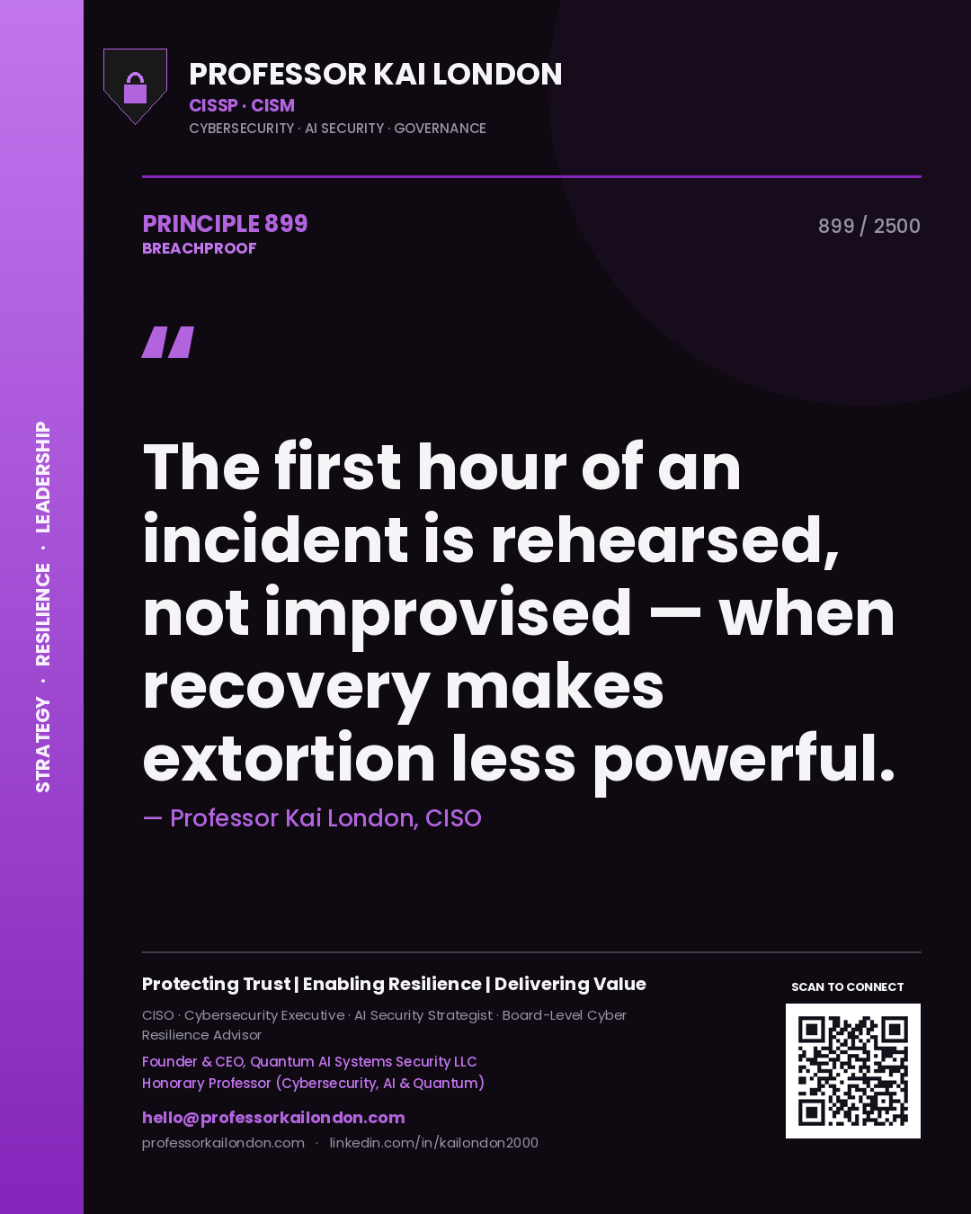 Quote card by Professor Kai London reading 'The first hour of an incident is rehearsed, not improvised — when recovery makes extortion less powerful.'. From the book Breachproof.