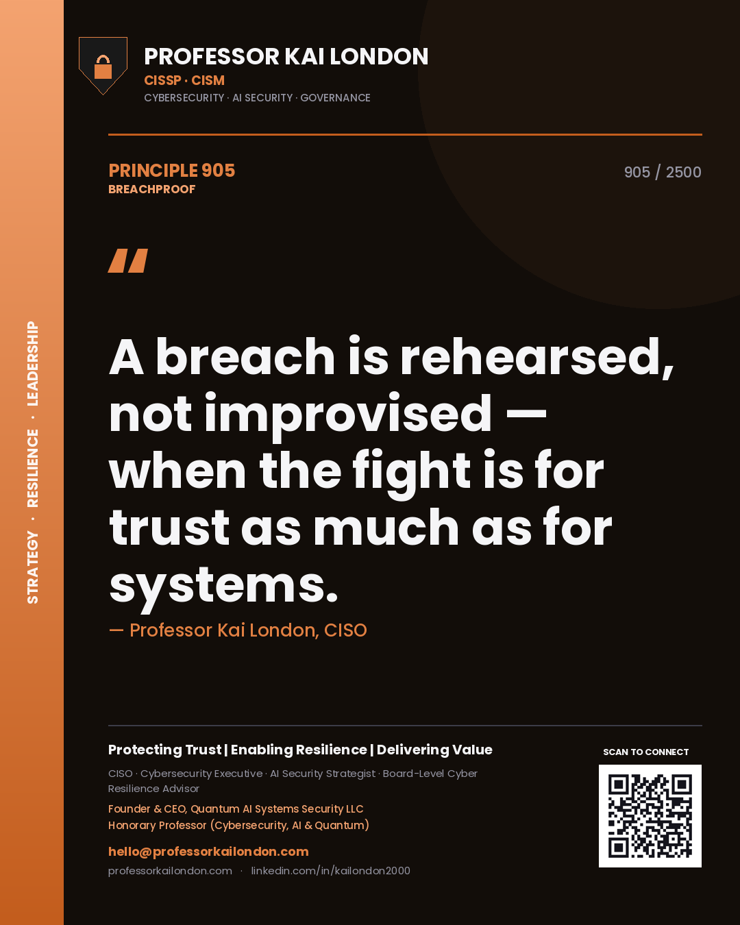 Professor Kai London principle 905: A breach is rehearsed, not improvised — when the fight is for trust as much as for systems.