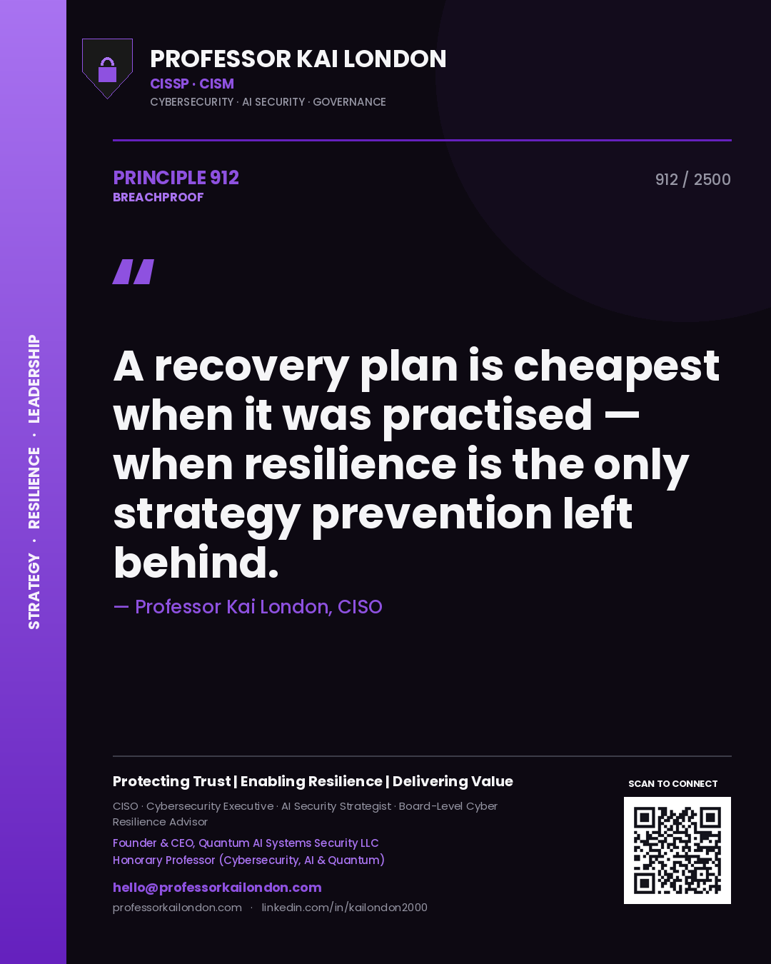 Quote card by Professor Kai London reading 'A recovery plan is cheapest when it was practised — when resilience is the only strategy prevention left behind.'. From the book Breachproof.
